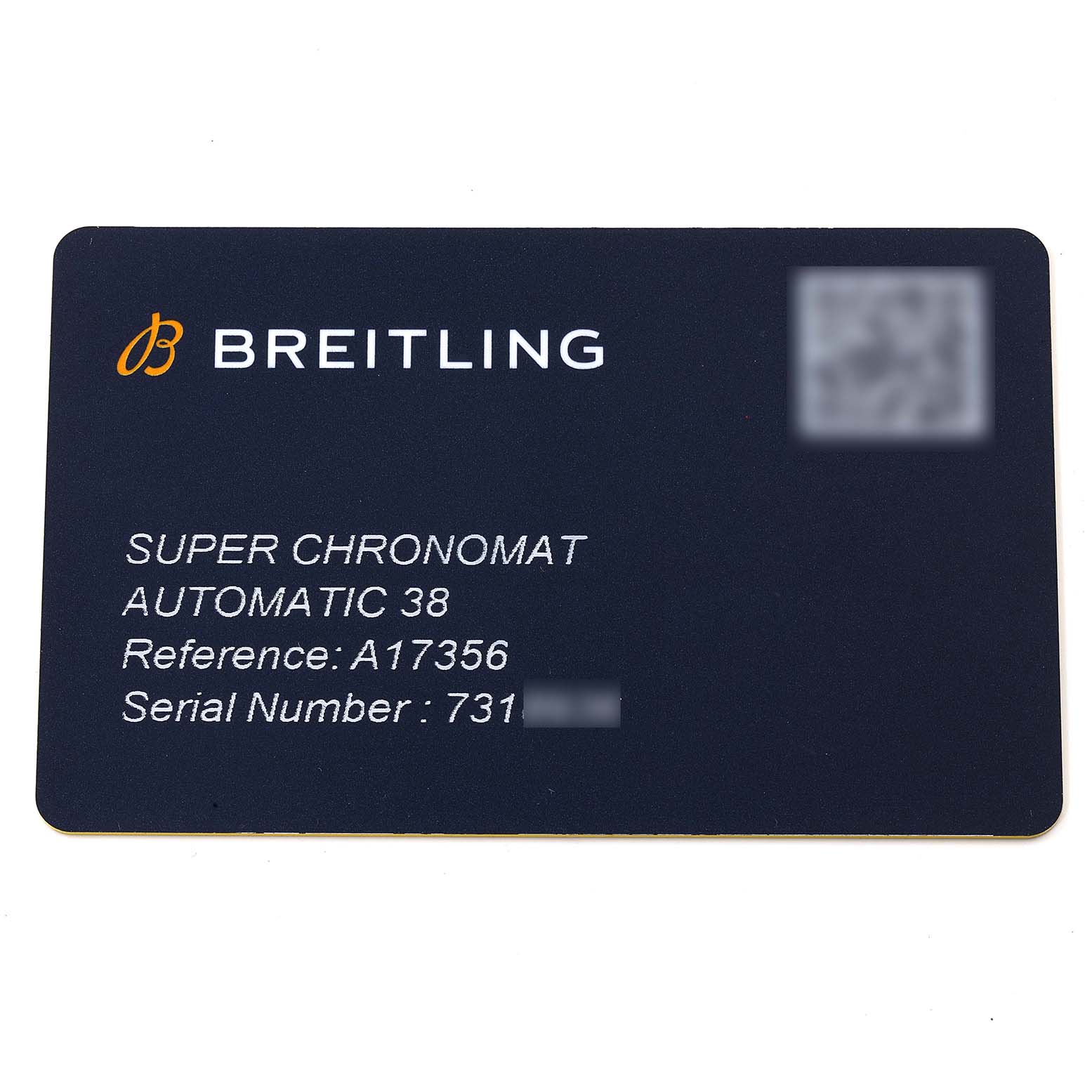 This image shows a Breitling A17356 Women's Stainless Steel Blue Dial A17356 Women's Stainless Steel Blue Dial Super Chronomat reference card for the A17356 model, displaying the brand, model name, reference, and serial number.