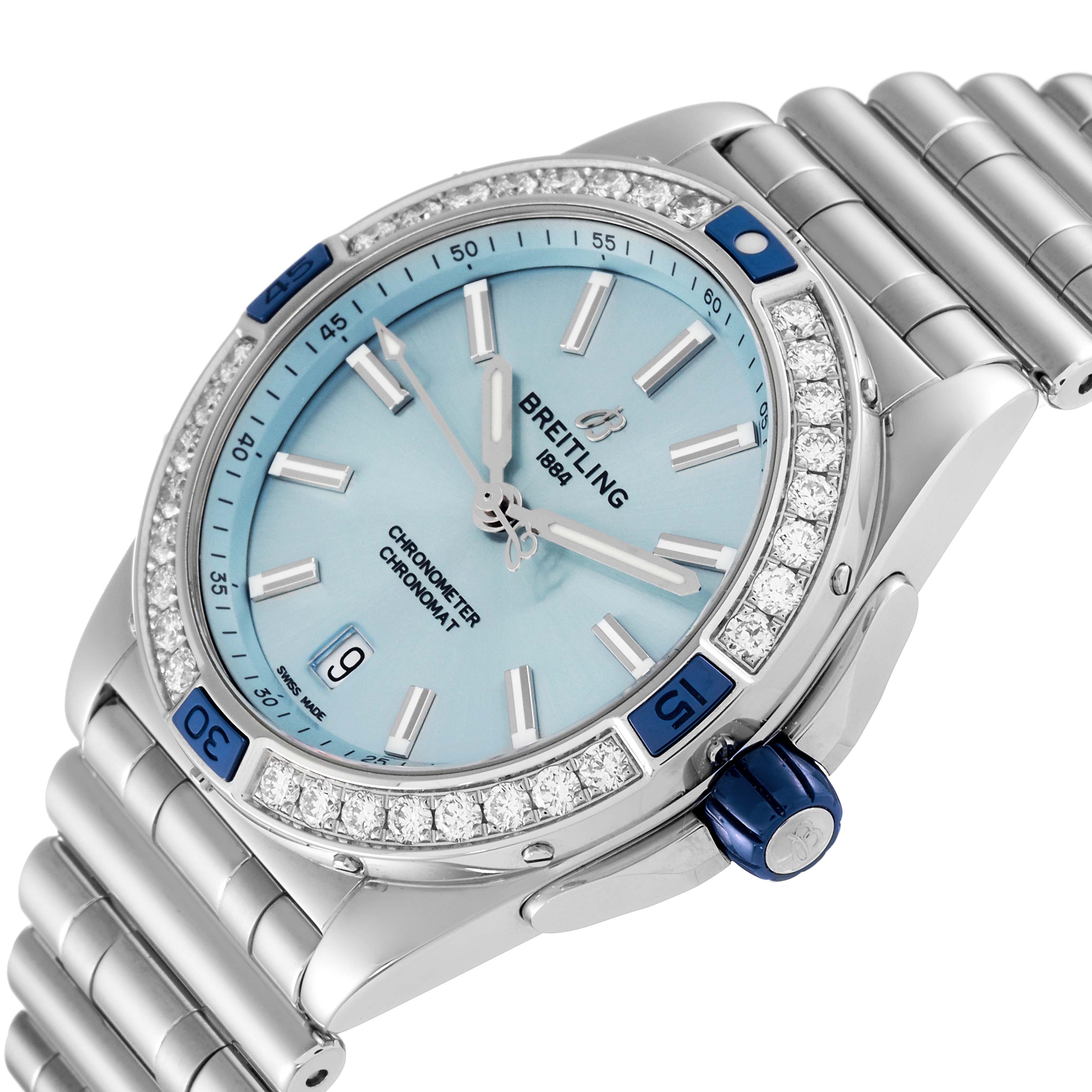 The Breitling A17356 Women's Stainless Steel Blue Dial A17356 Women's Stainless Steel Blue Dial Super Chronomat Blue Dial Steel Diamond A17356 watch is shown from an angled side view with its dial, bezel, and bracelet visible.