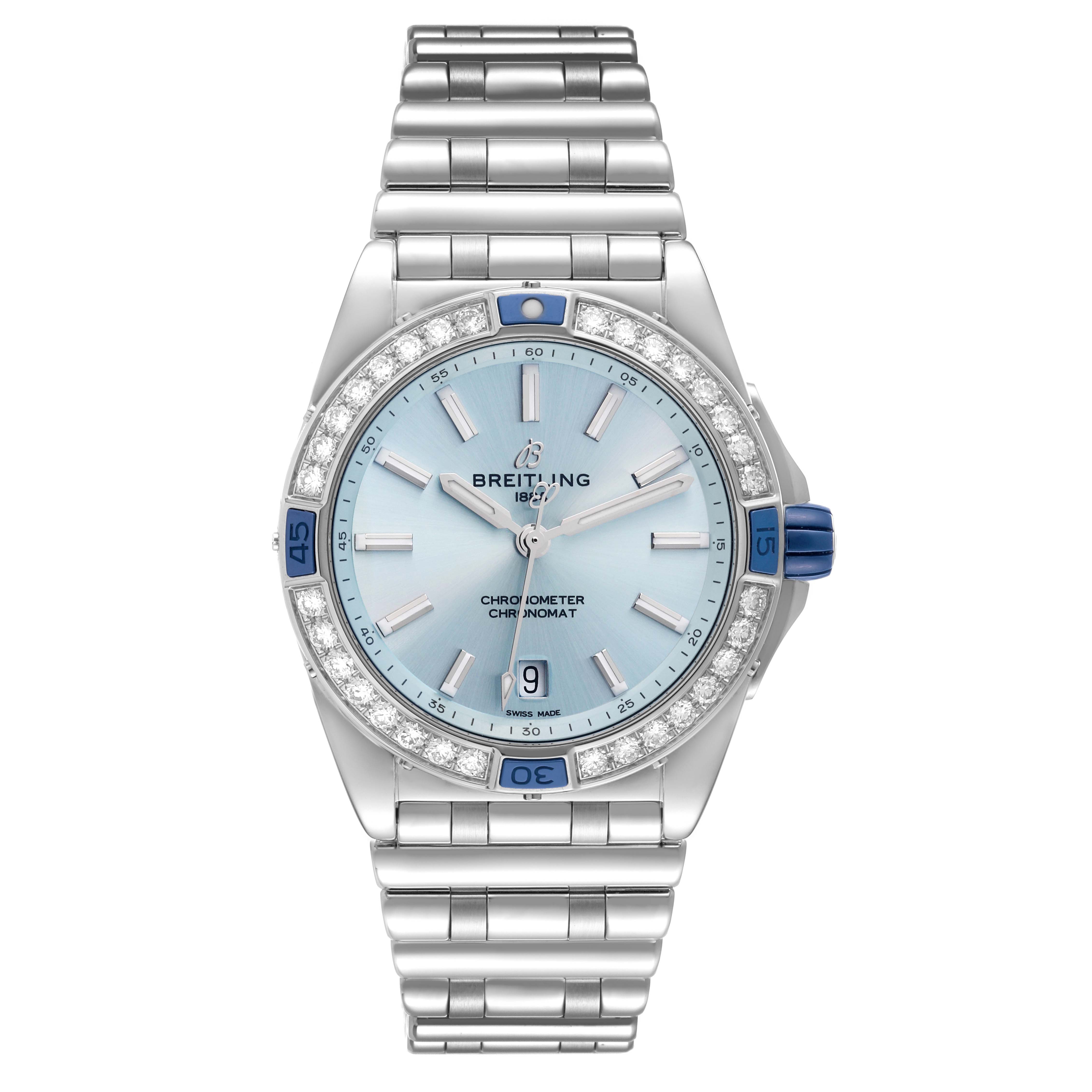 The image shows a front view of the Breitling A17356 Women's Stainless Steel Blue Dial A17356 Women's Stainless Steel Blue Dial Super Chronomat Blue Dial Steel Diamond Ladies Watch A17356, highlighting the dial, bezel, and bracelet.