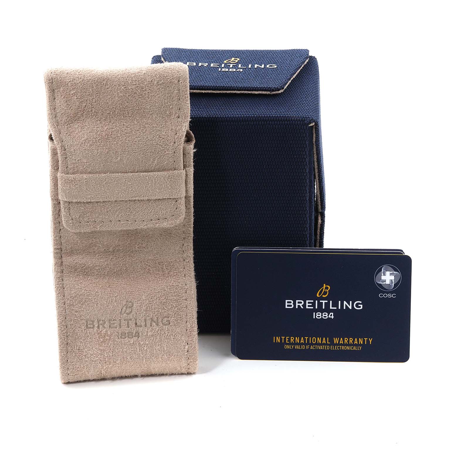 The image shows the box, protective case, and warranty card for the Breitling A17356 Women's Stainless Steel Blue Dial A17356 Women's Stainless Steel Blue Dial Super Chronomat Blue Dial Steel Diamond Ladies Watch A17356.