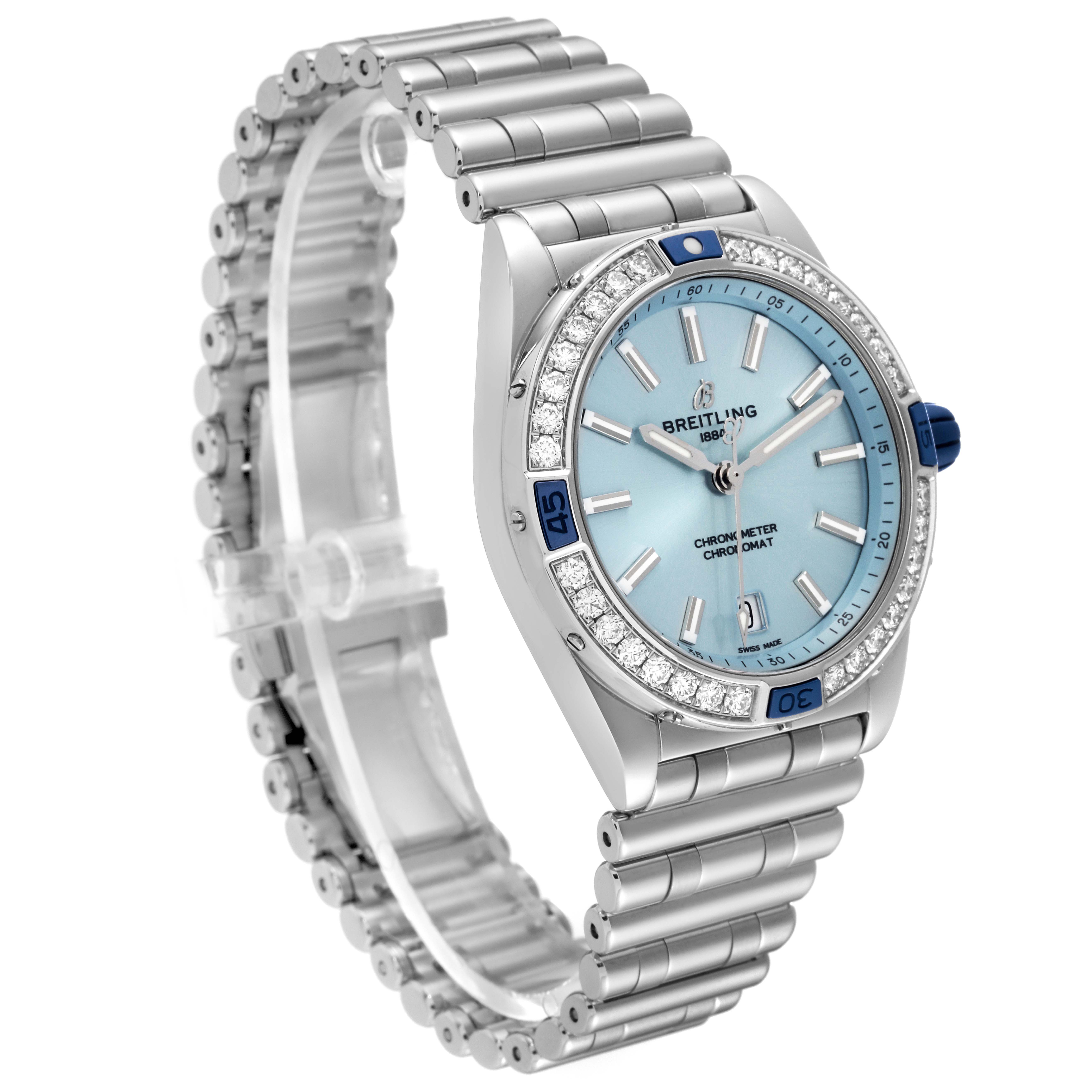 The Breitling A17356 Women's Stainless Steel Blue Dial A17356 Women's Stainless Steel Blue Dial Super Chronomat Blue Dial Steel Diamond Ladies Watch A17356 is shown at a slightly angled view displaying its face and band.
