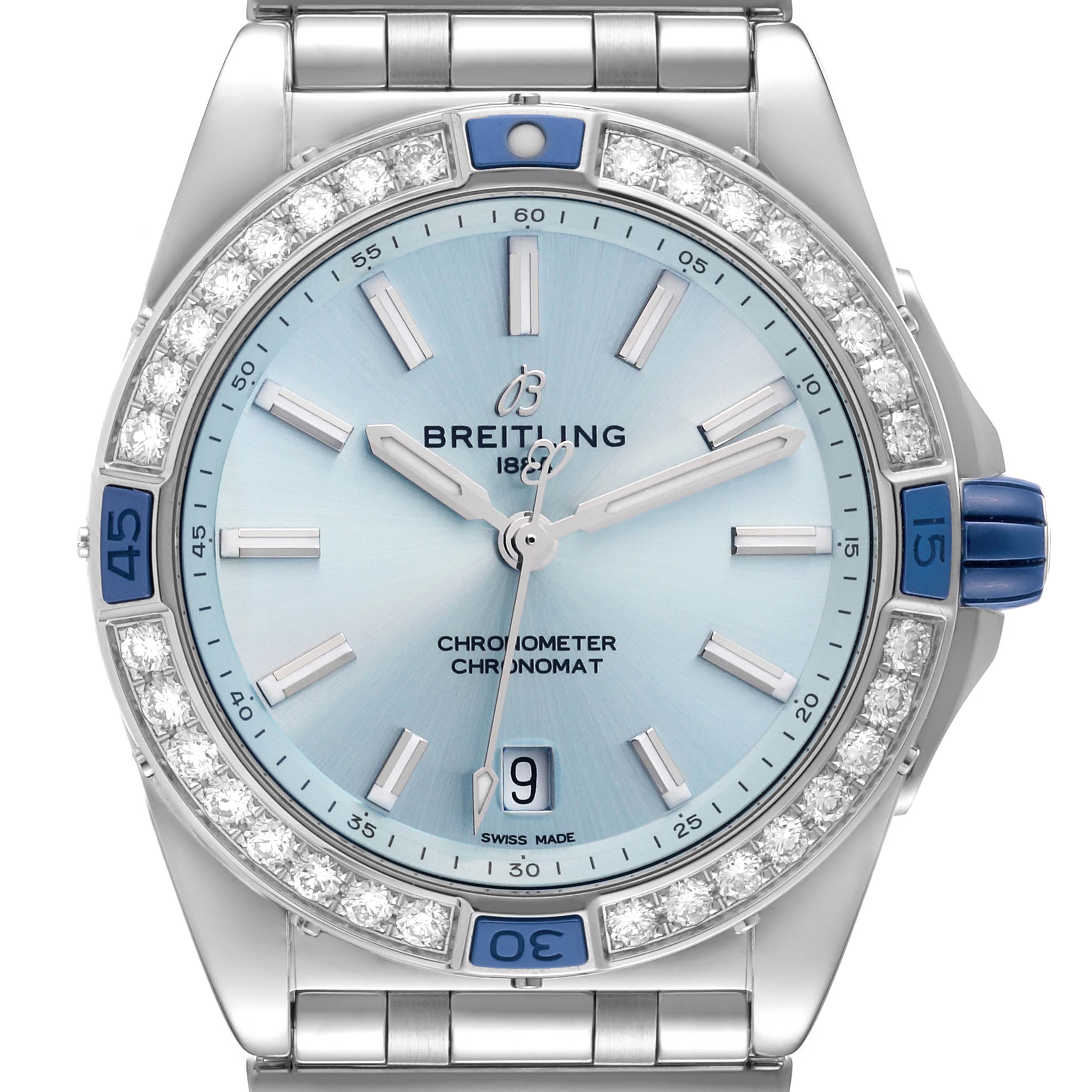 The image shows a front view of the Breitling A17356 Women's Stainless Steel Blue Dial A17356 Women's Stainless Steel Blue Dial Super Chronomat Blue Dial Steel Diamond Ladies Watch A17356, highlighting the dial and bezel.