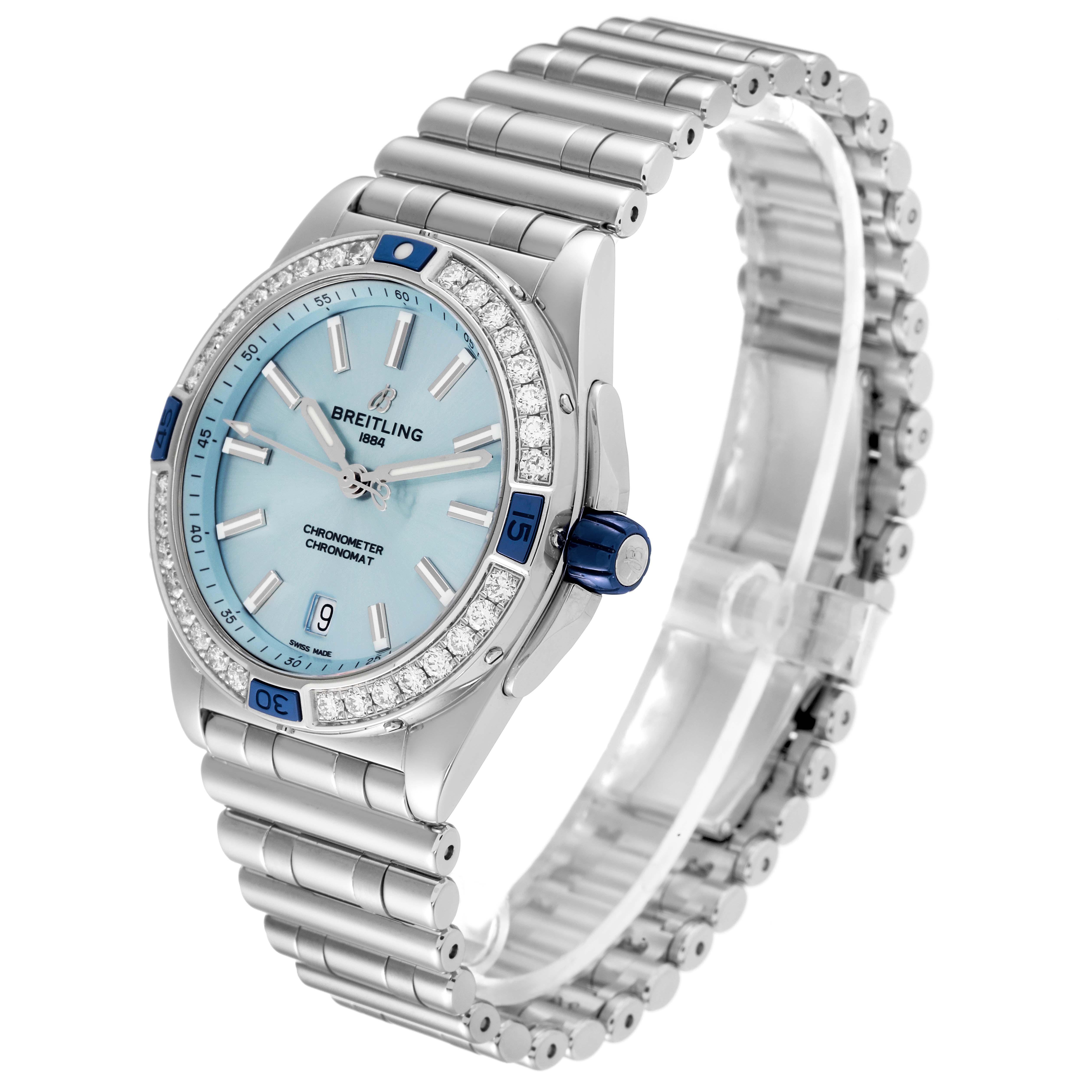 The image shows a slight side angle of the Breitling A17356 Women's Stainless Steel Blue Dial A17356 Women's Stainless Steel Blue Dial Super Chronomat Blue Dial Steel Diamond Ladies Watch A17356, highlighting the dial and bracelet.