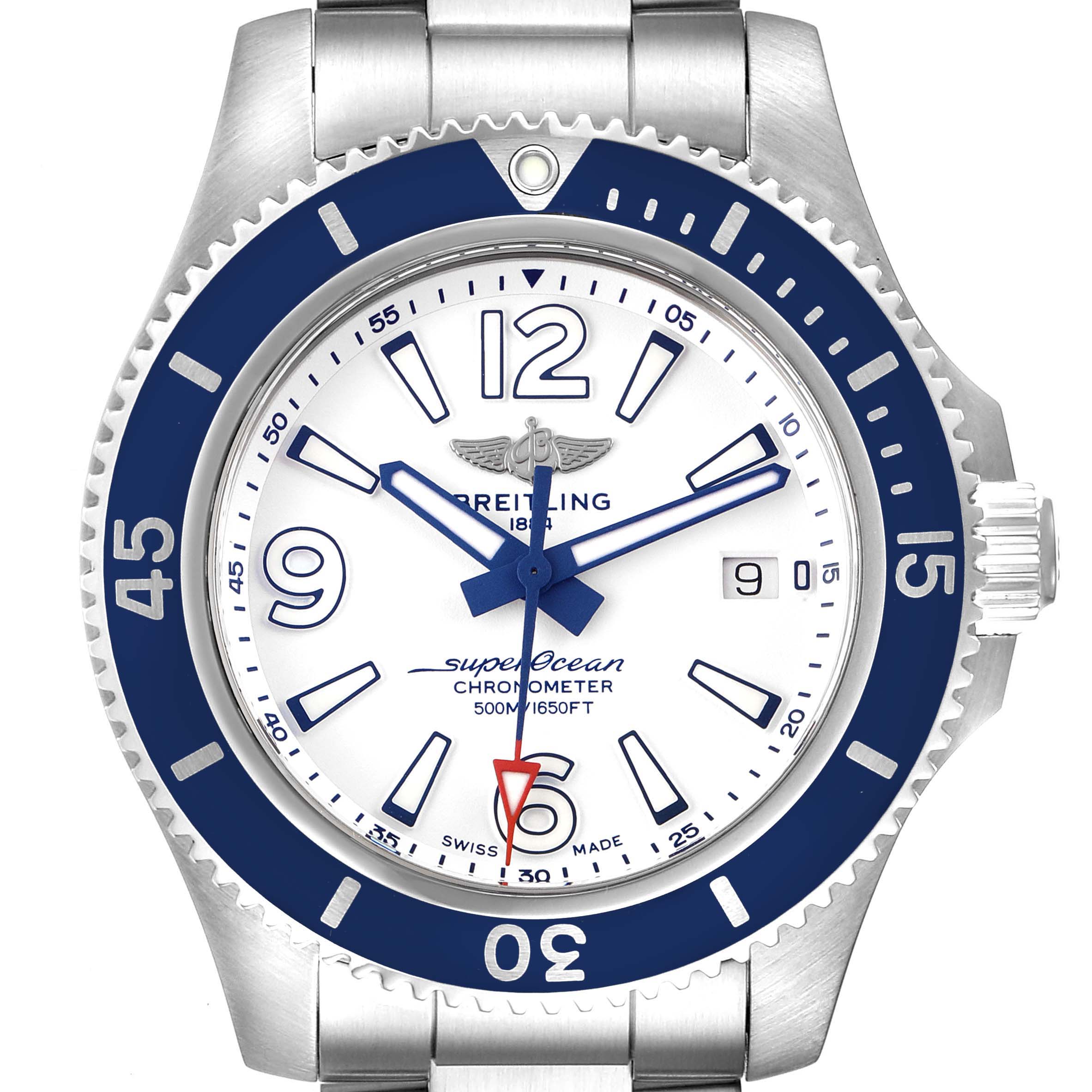 This image shows a frontal view of the Breitling Superocean A17366 Men
s Stainless Steel White Dial A17366 Men
s Stainless Steel White Dial watch, highlighting its dial, bezel, hands, and crown.