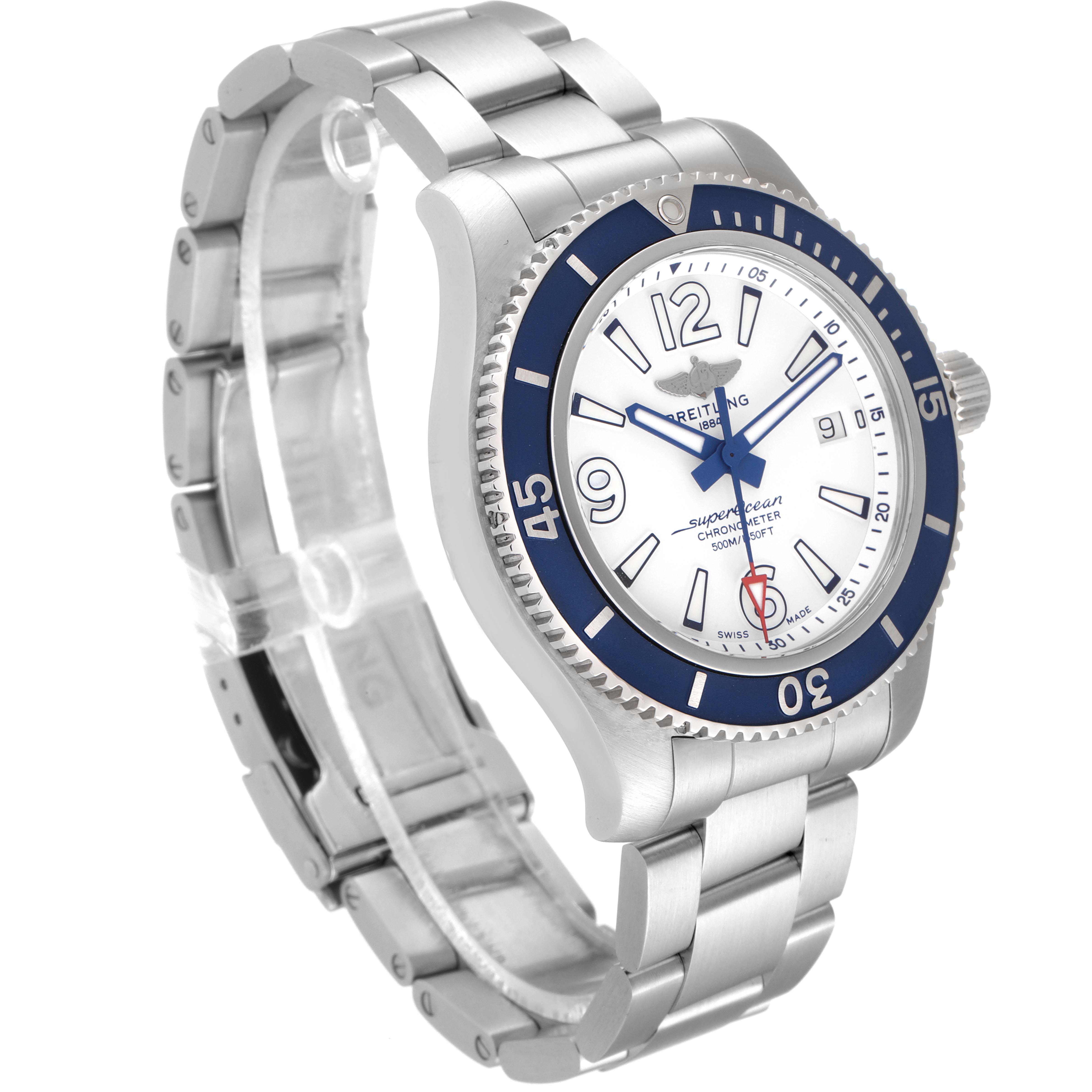 The image shows a Breitling Superocean A17366 Men
s Stainless Steel White Dial A17366 Men
s Stainless Steel White Dial watch from a side angle, highlighting its bezel, dial, case, and bracelet.