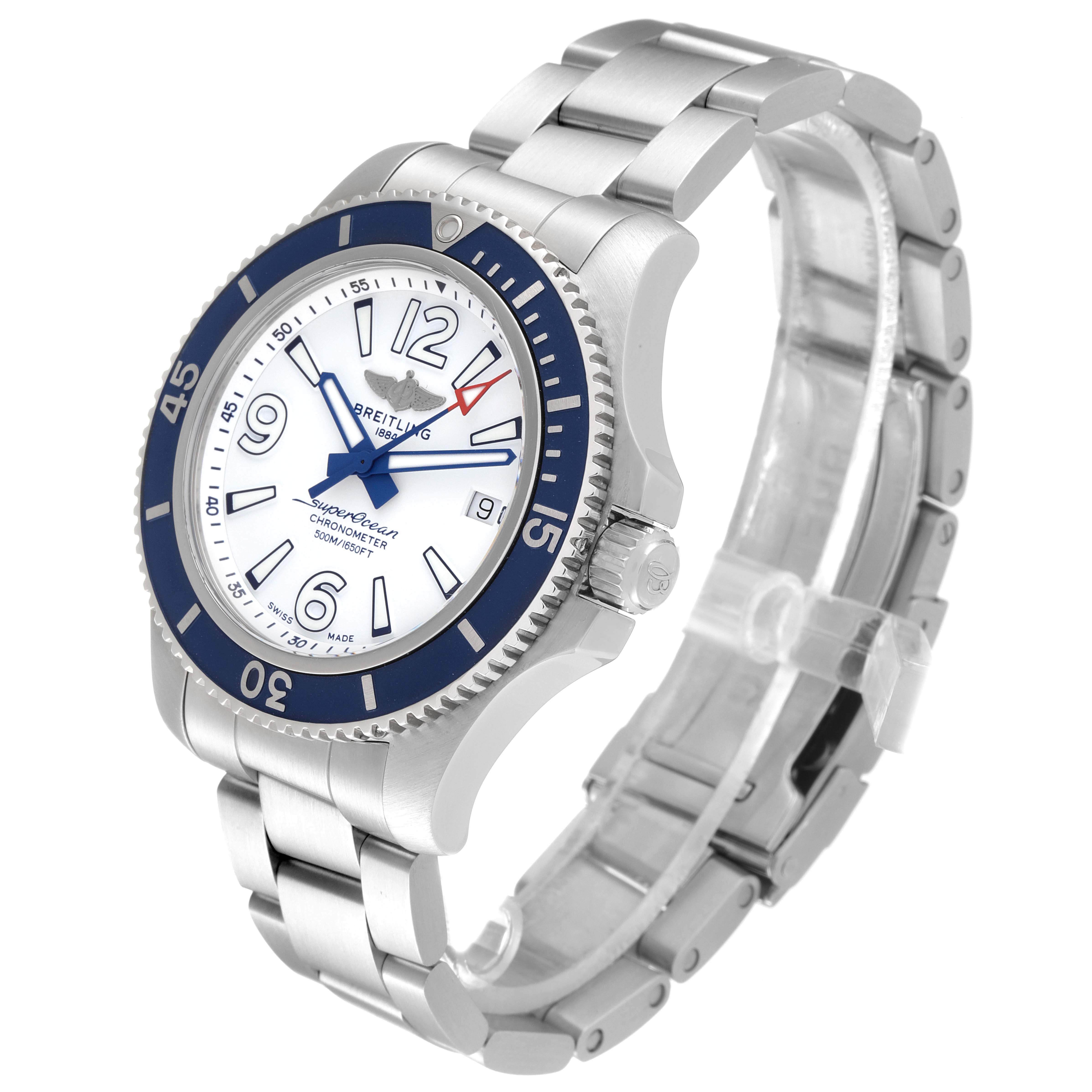 The image displays a Breitling Superocean A17366 Men
s Stainless Steel White Dial A17366 Men
s Stainless Steel White Dial watch at a three-quarter angle, showcasing its bezel, dial, crown, and bracelet.