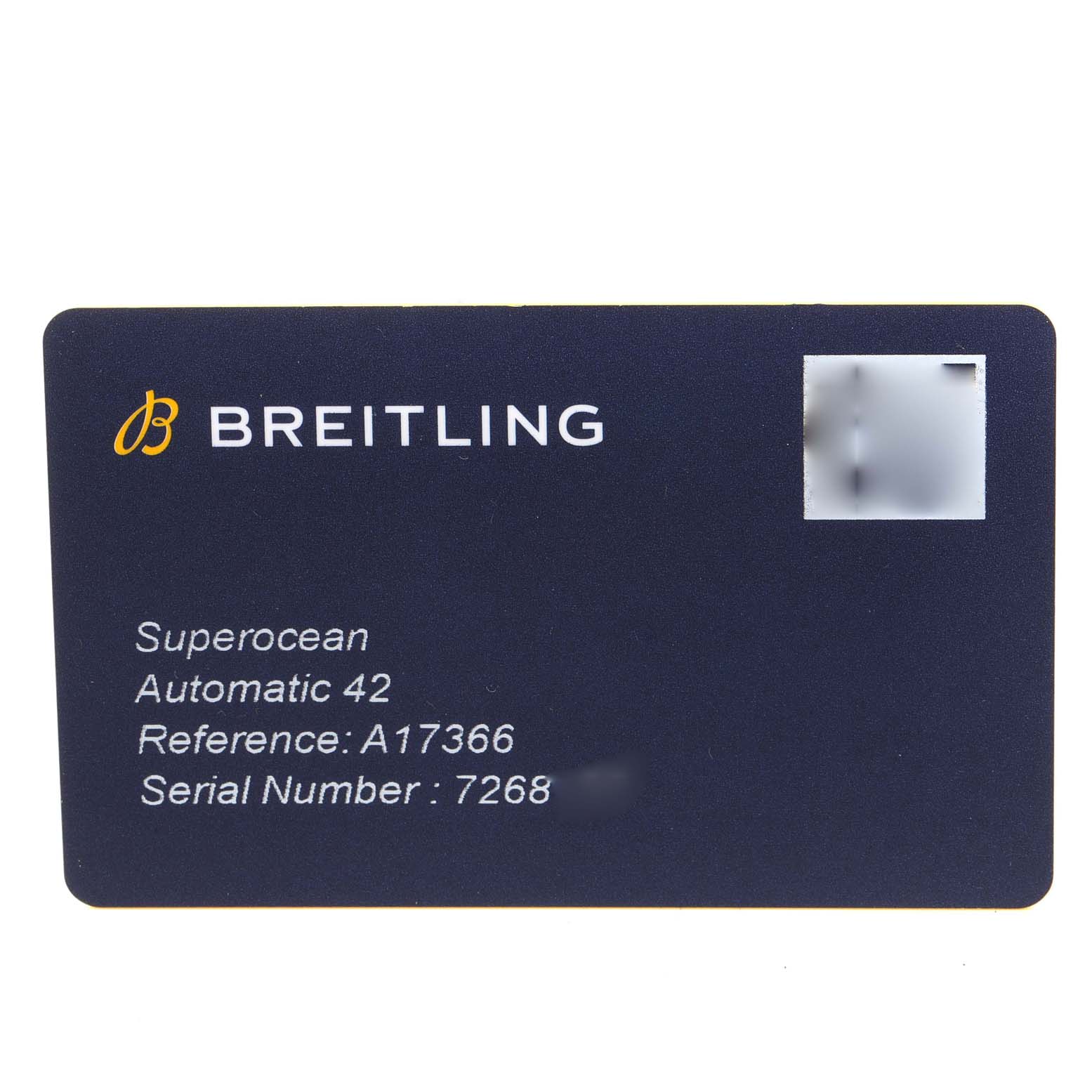 The image shows a warranty card for a Breitling Superocean A17366 Men
s Stainless Steel White Dial A17366 Men
s Stainless Steel White Dial Automatic 42 watch, including the reference number and serial number.