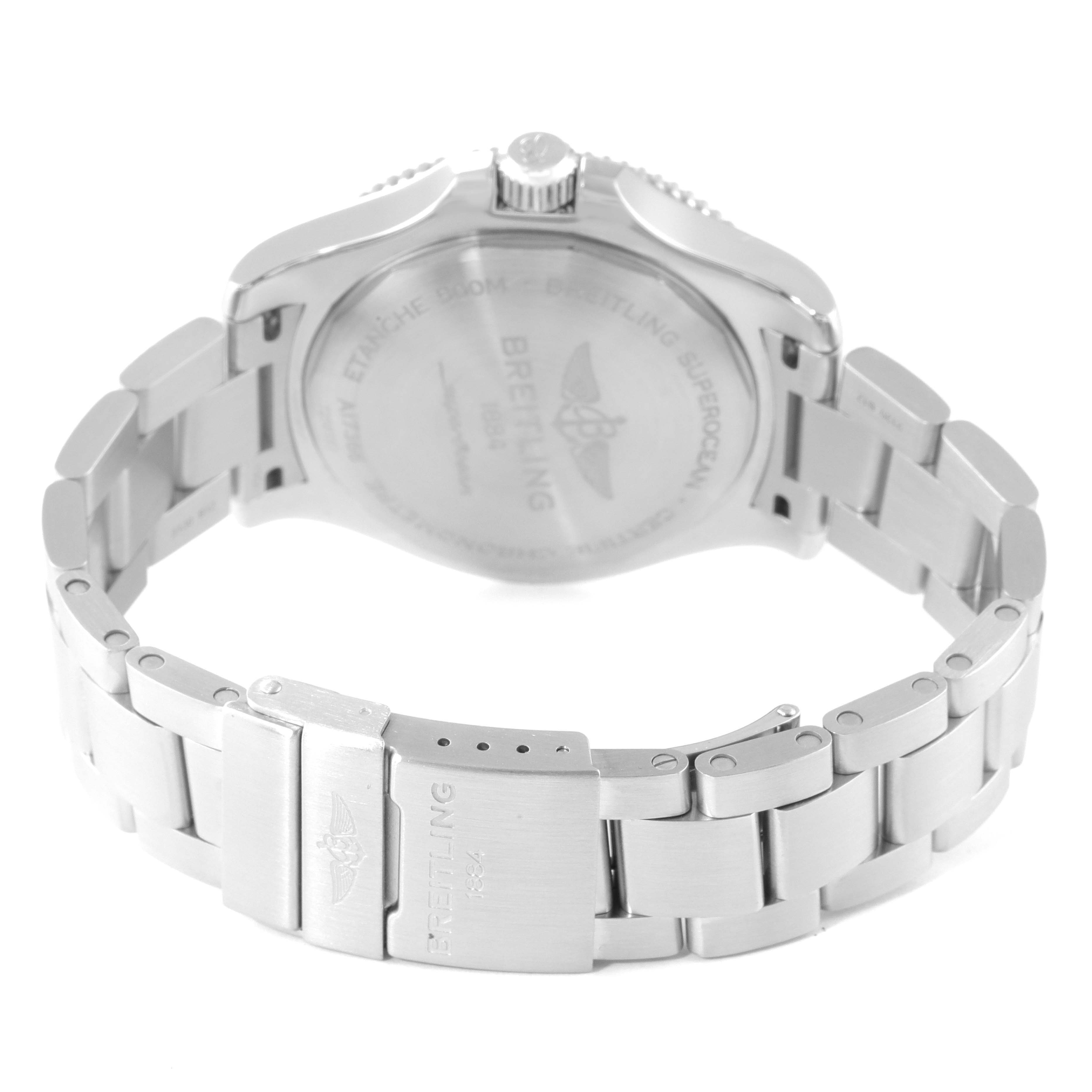 The image shows the back view of a Breitling Superocean A17366 Men
s Stainless Steel White Dial A17366 Men
s Stainless Steel White Dial watch, focusing on the case back and metal bracelet.