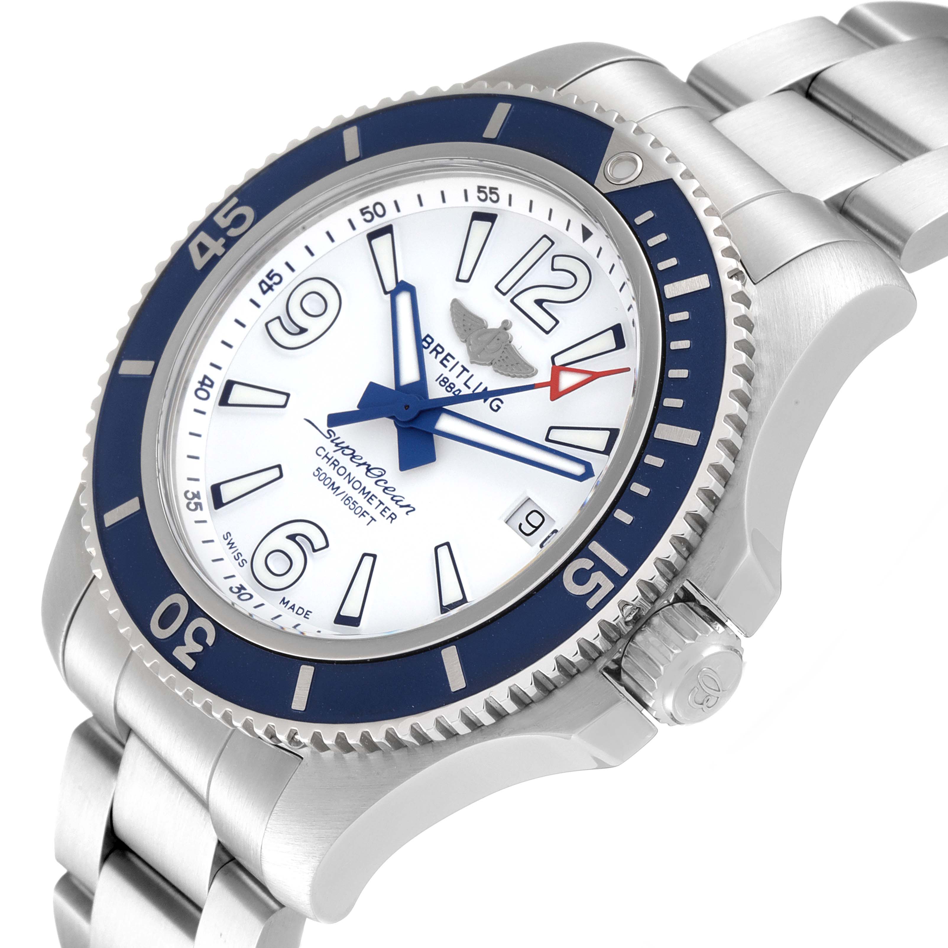 This image shows a Breitling Superocean A17366 Men
s Stainless Steel White Dial A17366 Men
s Stainless Steel White Dial watch at an angle, highlighting its face, bezel, crown, and part of its bracelet.