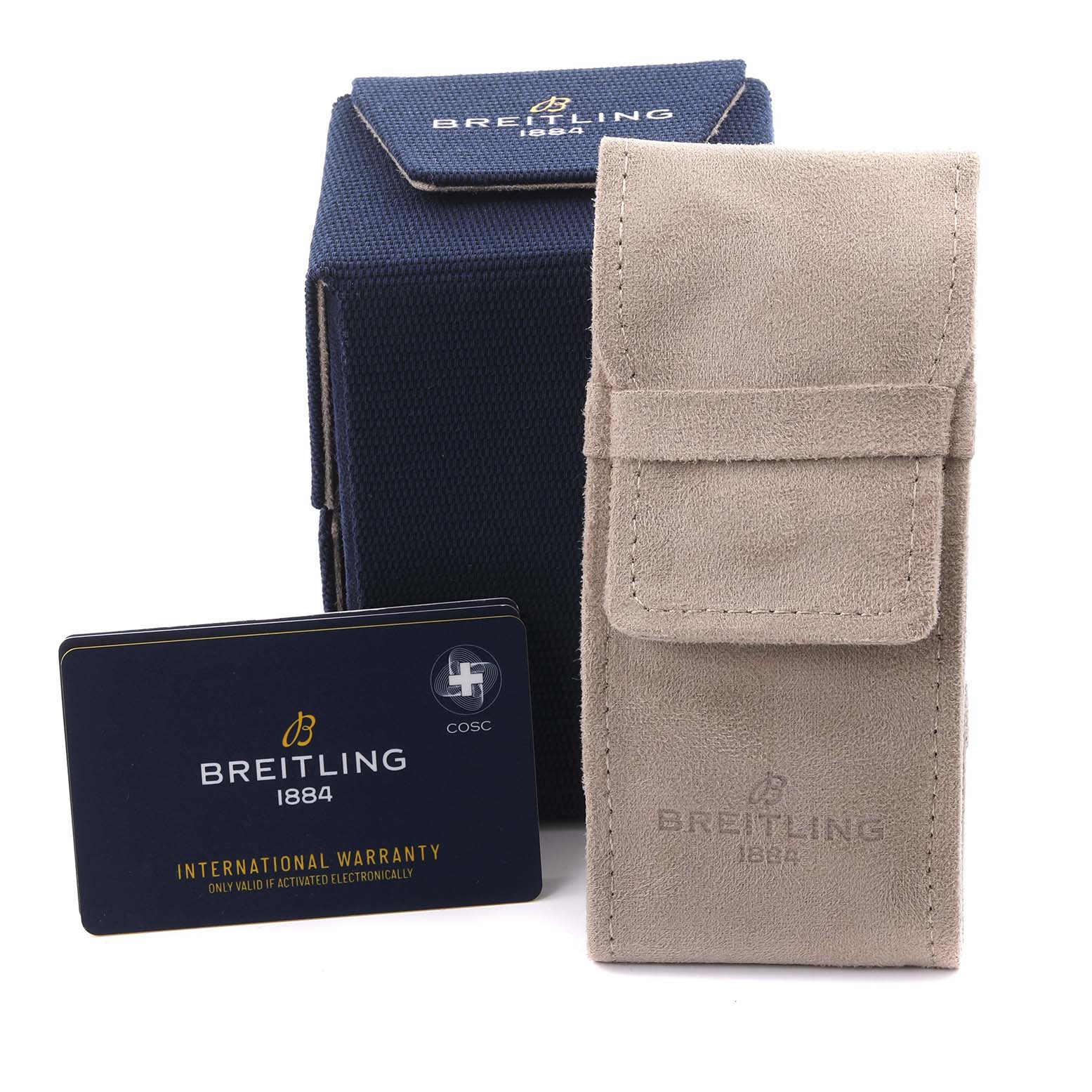 The image shows Breitling Superocean V17369 Men's Titanium Blue Dial V17369 Men's Titanium Blue Dial accessories, including a box, a suede pouch, and an international warranty card.