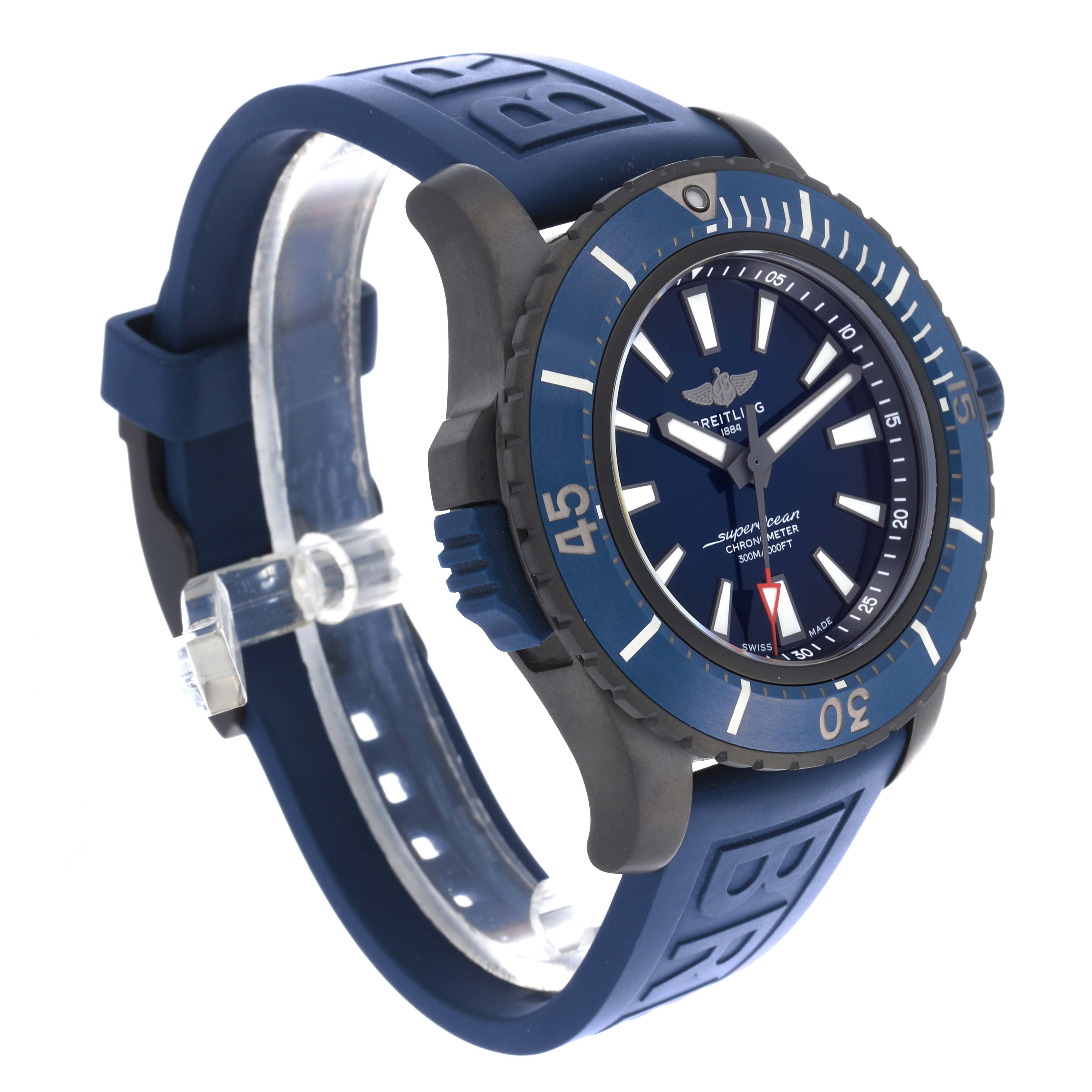 The Breitling Superocean V17369 Men's Titanium Blue Dial V17369 Men's Titanium Blue Dial watch is shown at an oblique angle, highlighting its blue bezel, dial, and strap.