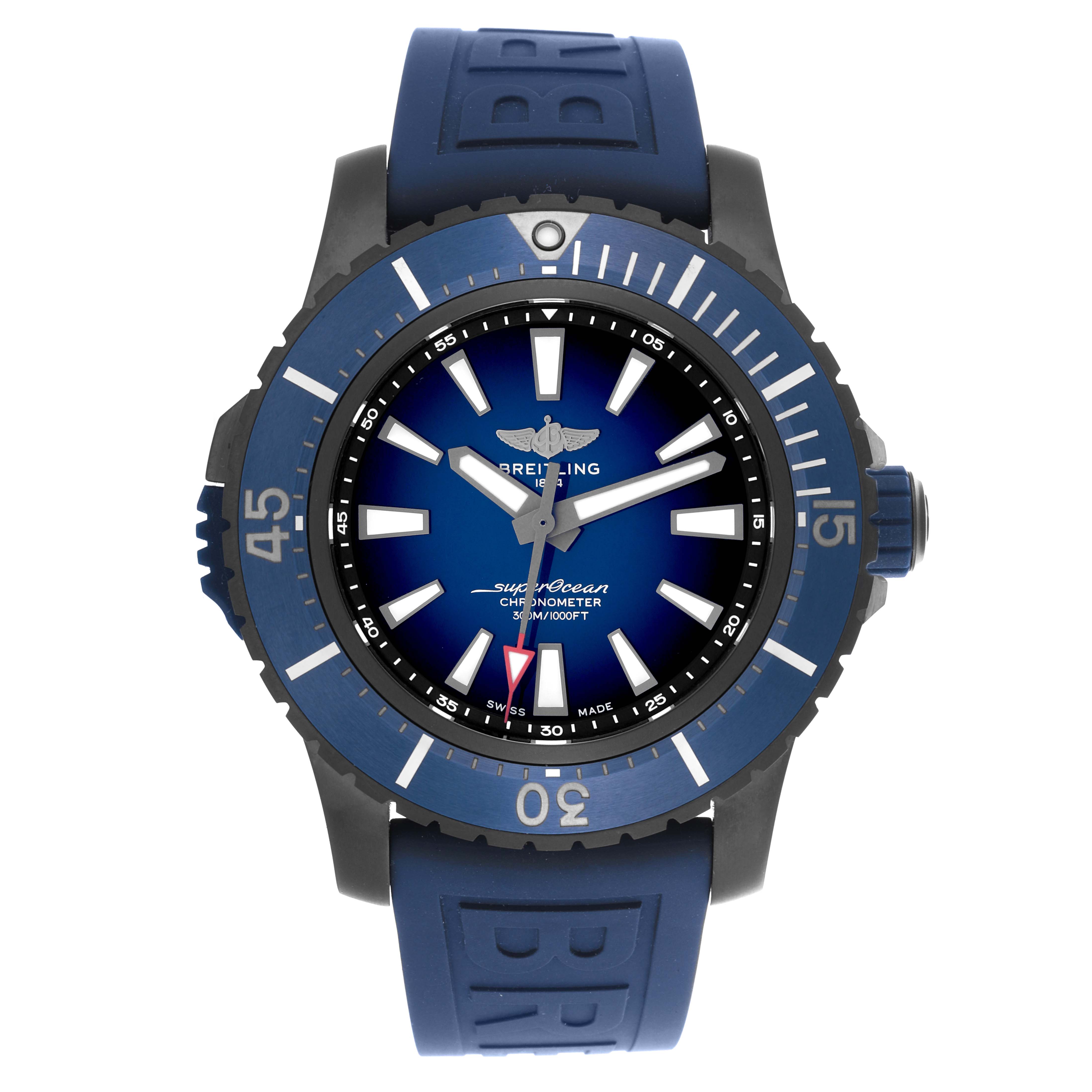 The Breitling Superocean V17369 Men's Titanium Blue Dial V17369 Men's Titanium Blue Dial watch is shown from the front, displaying the face, bezel, and band clearly.