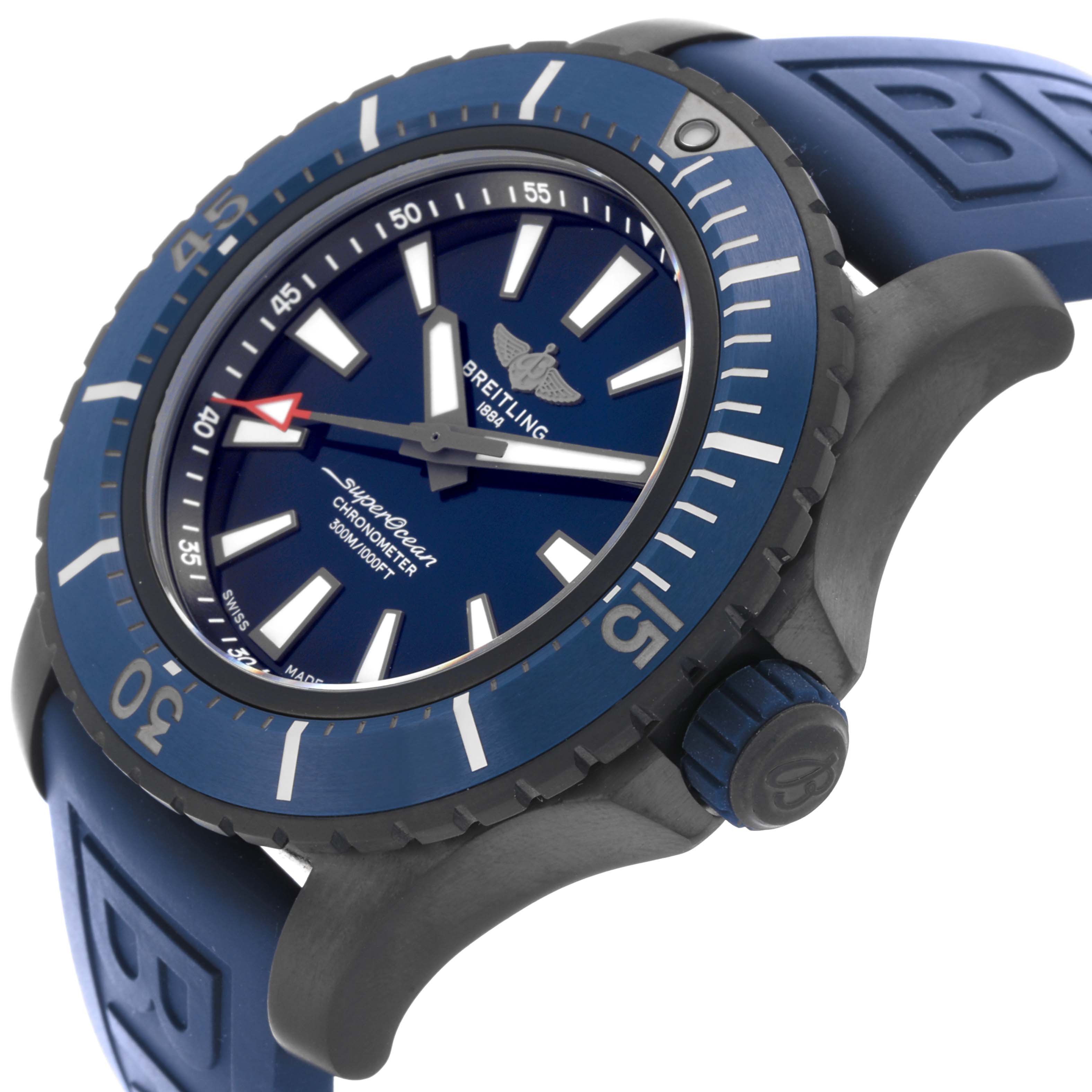 The Breitling Superocean V17369 Men's Titanium Blue Dial V17369 Men's Titanium Blue Dial watch is shown at a three-quarter angle, highlighting the dial, bezel, and part of the strap.