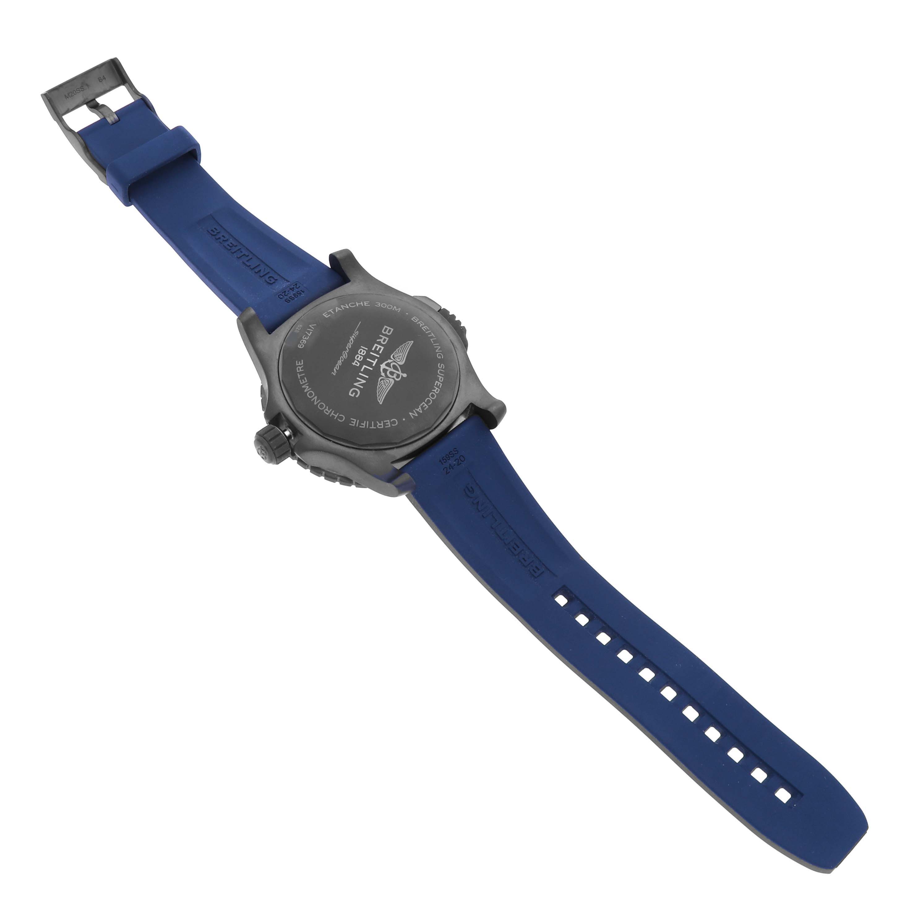 The image shows the back and side of the Breitling Superocean V17369 Men's Titanium Blue Dial V17369 Men's Titanium Blue Dial watch, highlighting its case back, strap, and buckle.