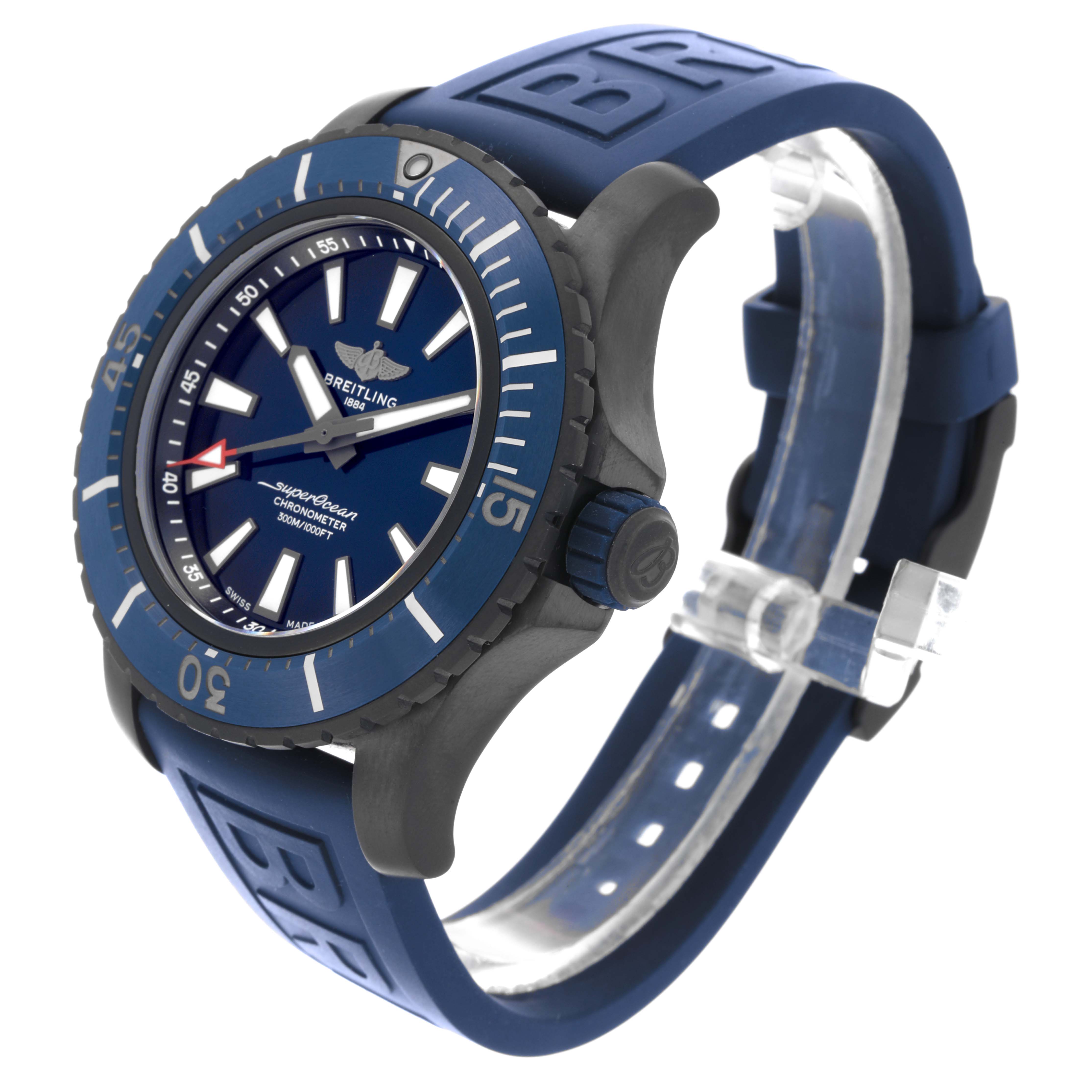 The Breitling Superocean V17369 Men's Titanium Blue Dial V17369 Men's Titanium Blue Dial watch is shown at a three-quarter angle, displaying the bezel, dial, and blue strap.