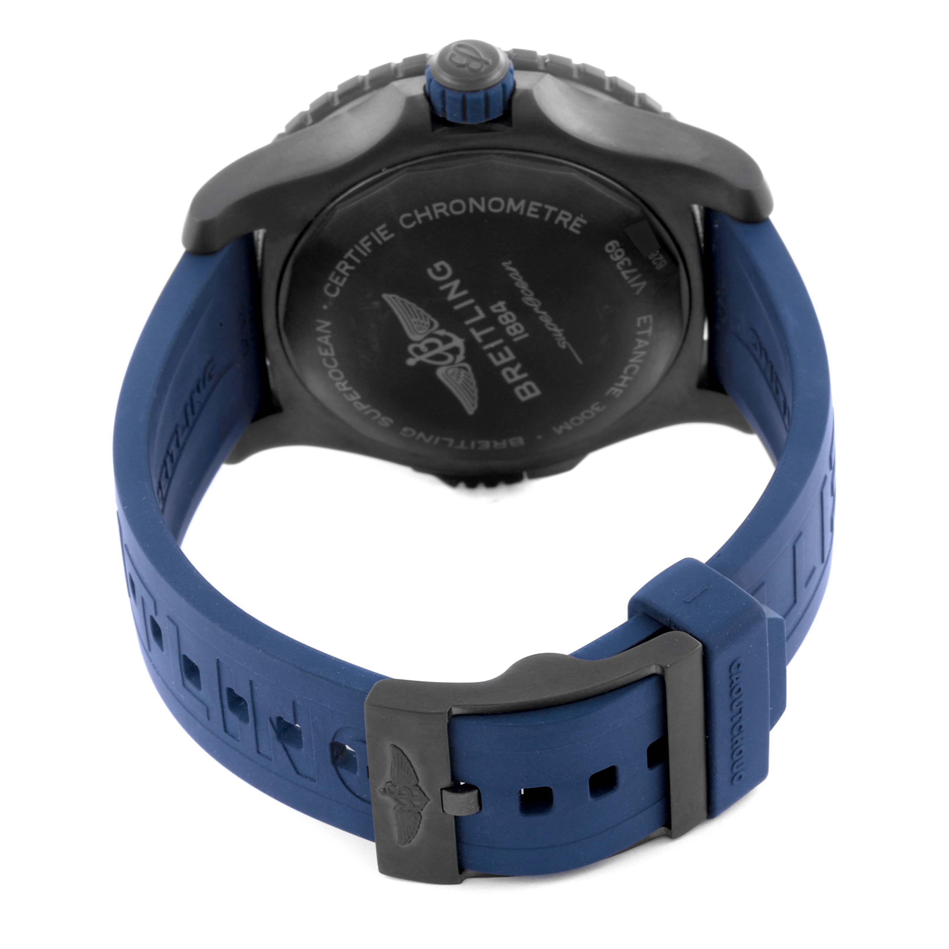The image shows the back of a Breitling Superocean V17369 Men's Titanium Blue Dial V17369 Men's Titanium Blue Dial watch, highlighting the case, strap, and buckle.