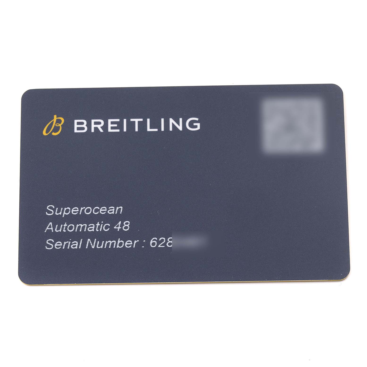 The image shows a warranty card for the Breitling Superocean V17369 Men's Titanium Blue Dial V17369 Men's Titanium Blue Dial model, displaying the brand, model, and serial number information.