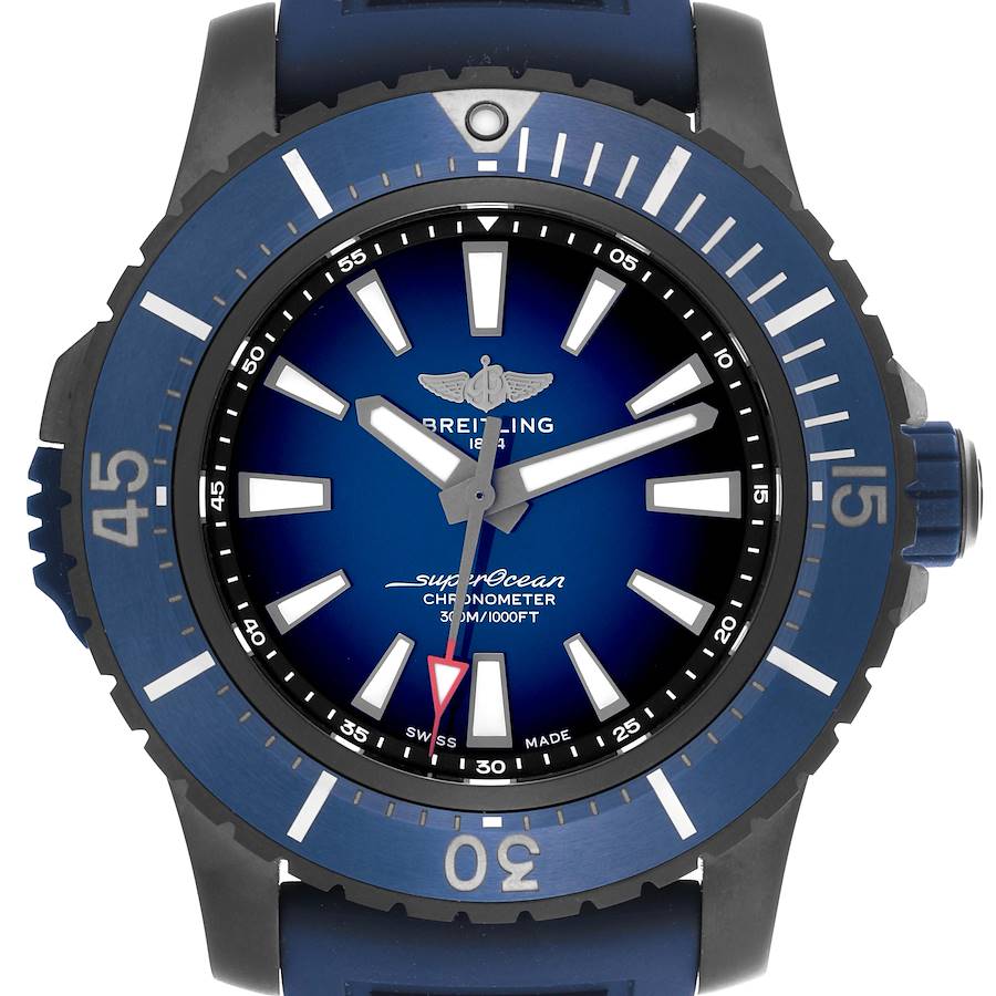 The Breitling Superocean watch is shown from the front, highlighting its face, bezel, and crown.