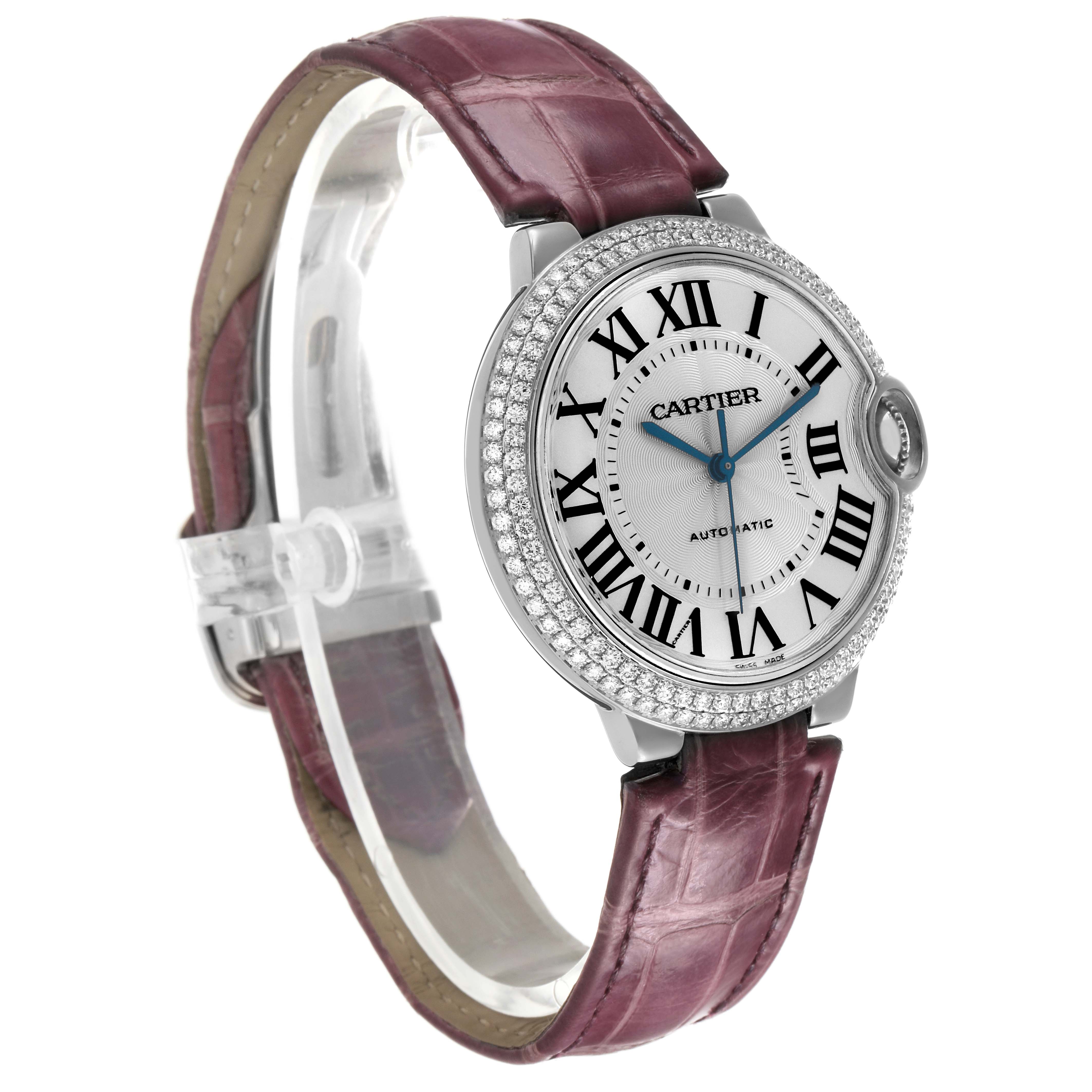 The Cartier Ballon Bleu WE900651 Women's White Gold Silver Dial watch is shown at a three-quarter angle, displaying its face, bezel, and strap.