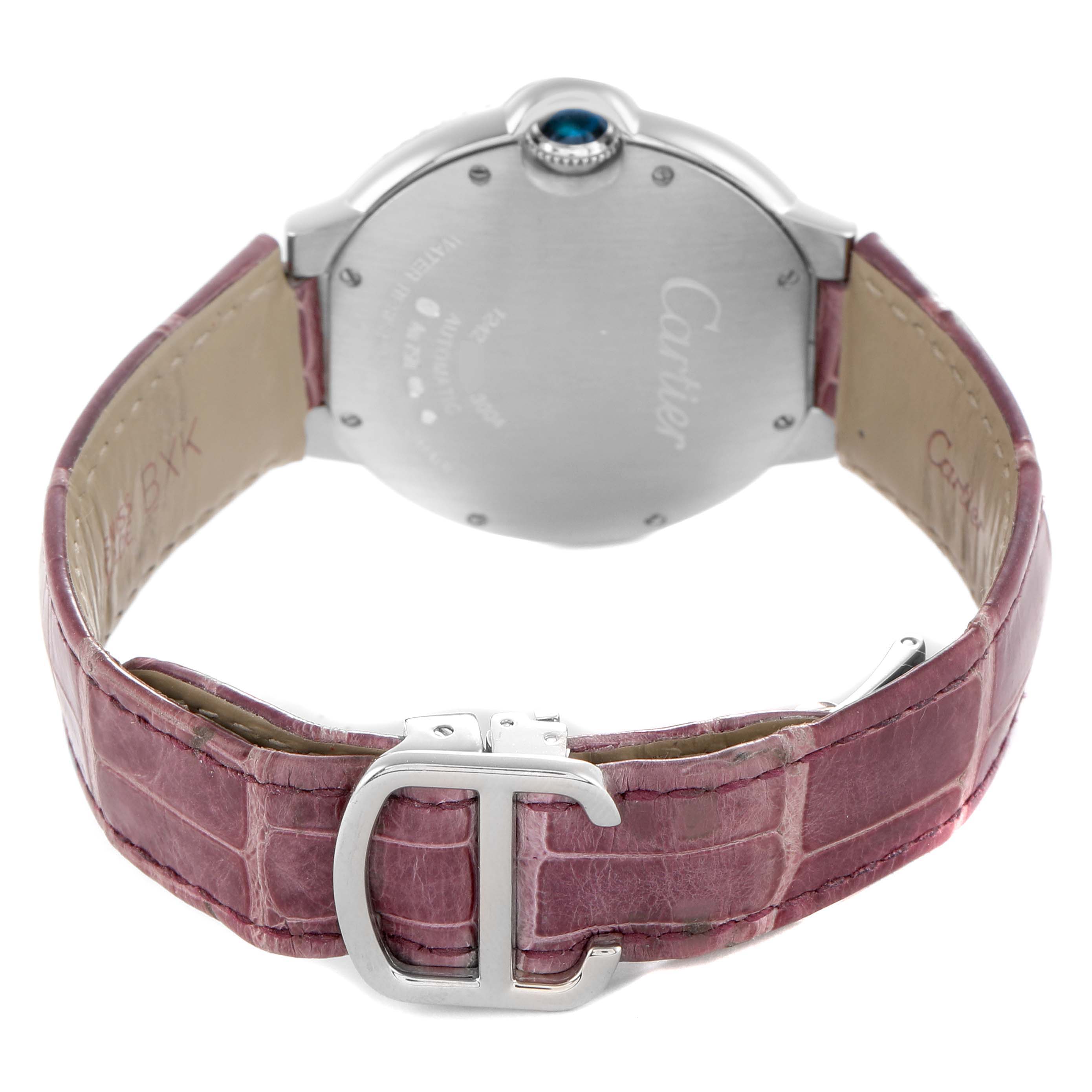 The image shows the back of the Cartier Ballon Bleu WE900651 Women's White Gold Silver Dial watch, displaying the case back and pink leather strap with a buckle.