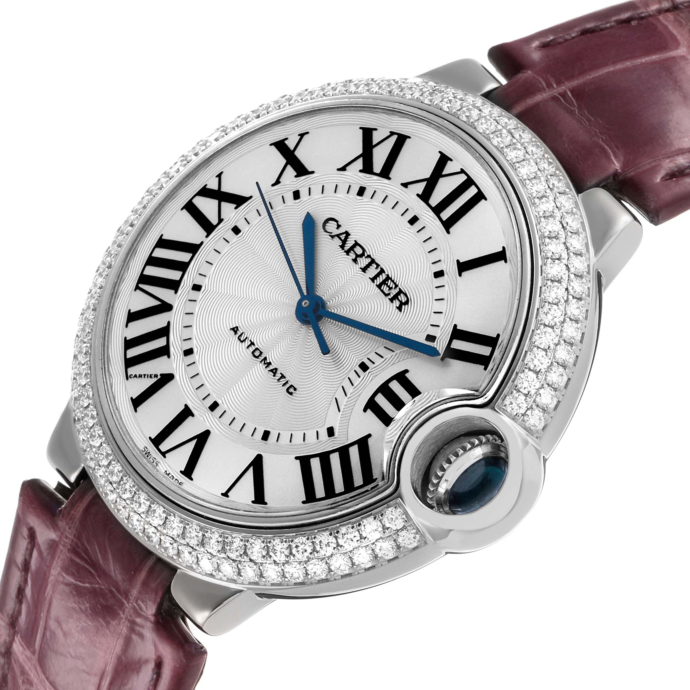 The Cartier Ballon Bleu WE900651 Women's White Gold Silver Dial watch is shown at a slight angle, highlighting the face, Roman numerals, diamond-set bezel, and leather strap.