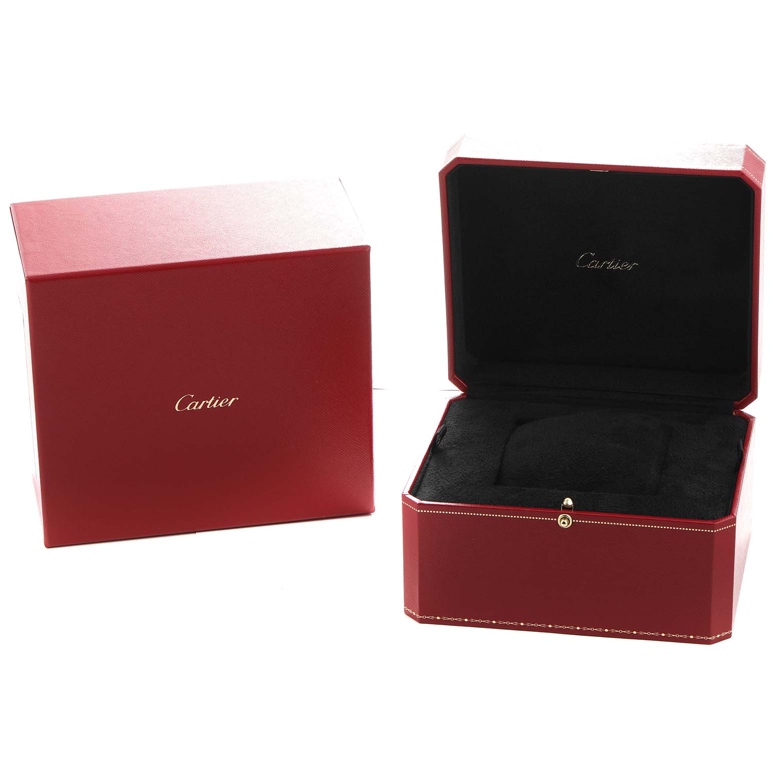 The image shows a Cartier Ballon Bleu WE900651 Women's White Gold Silver Dial watch box, both closed and open, revealing a plush interior.