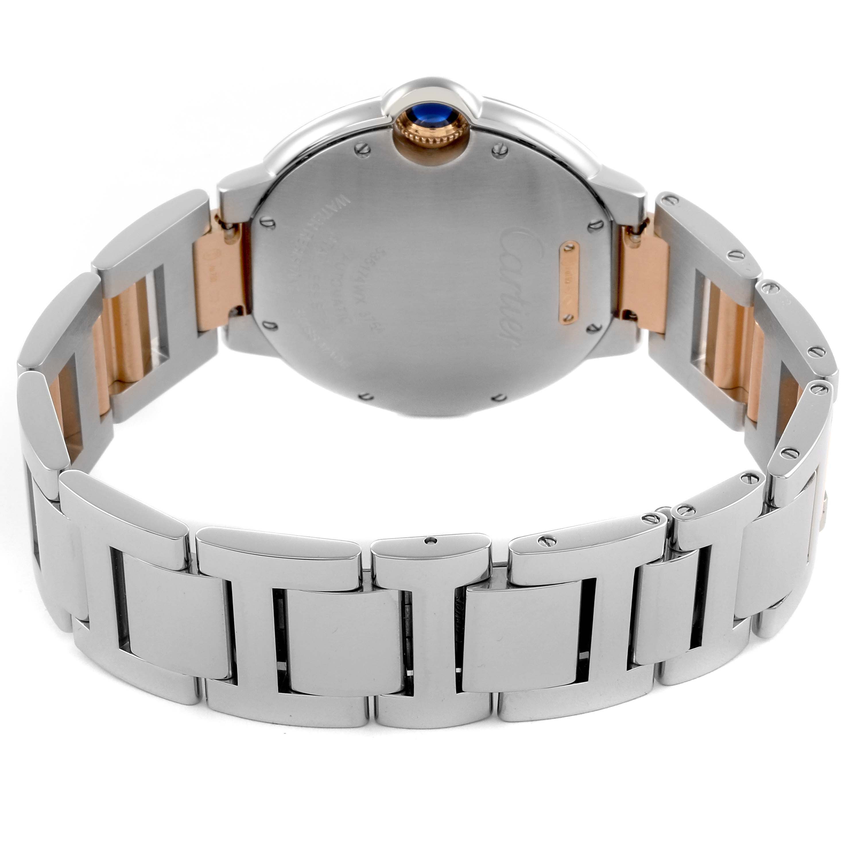 The image shows the back view of a Cartier Ballon Bleu W3BB0013 Men
s Steel and Gold (two tone) Silver Dial W3BB0013 Men
s Steel and Gold (two tone) Silver Dial watch, highlighting the case and metal bracelet.