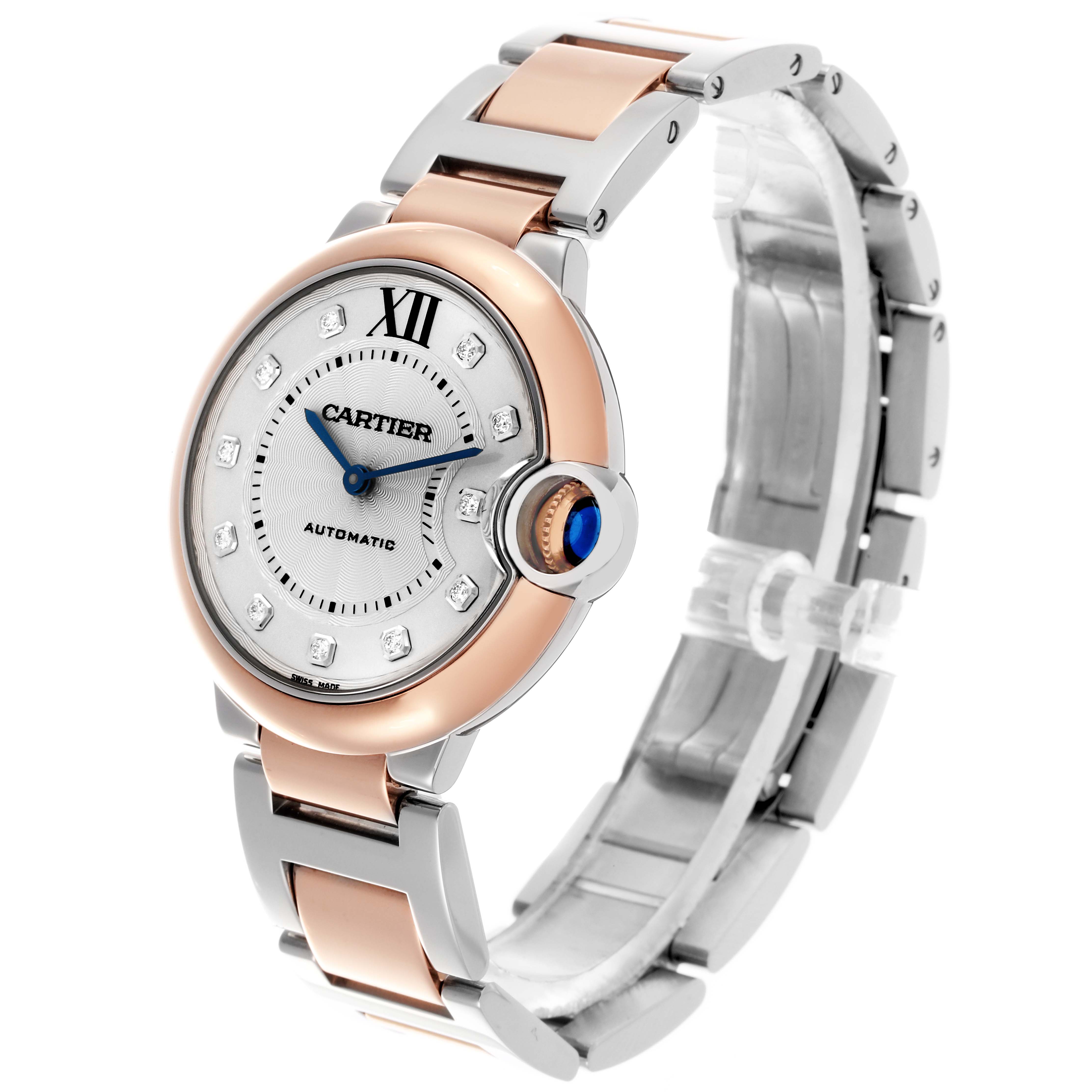 The Cartier Ballon Bleu W3BB0013 Men
s Steel and Gold (two tone) Silver Dial W3BB0013 Men
s Steel and Gold (two tone) Silver Dial watch is shown at a three-quarter angle, highlighting the face, crown, and bracelet.