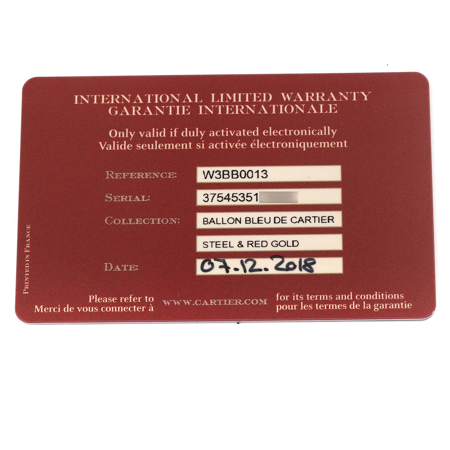 The image shows the warranty card for the Ballon Bleu de Cartier watch.