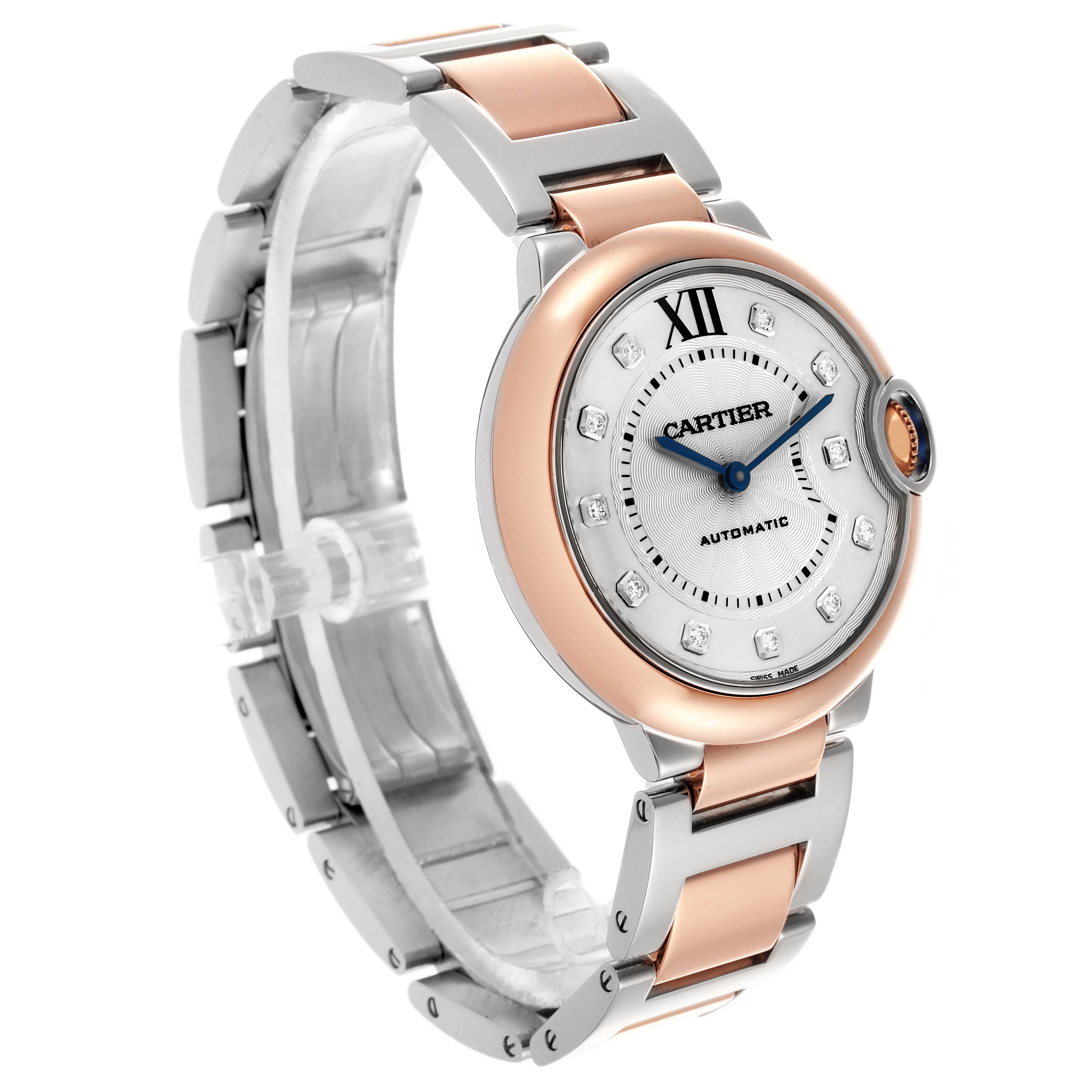 The Cartier Ballon Bleu W3BB0013 Men
s Steel and Gold (two tone) Silver Dial W3BB0013 Men
s Steel and Gold (two tone) Silver Dial watch is shown at an angled view highlighting its face, crown, and two-tone bracelet.