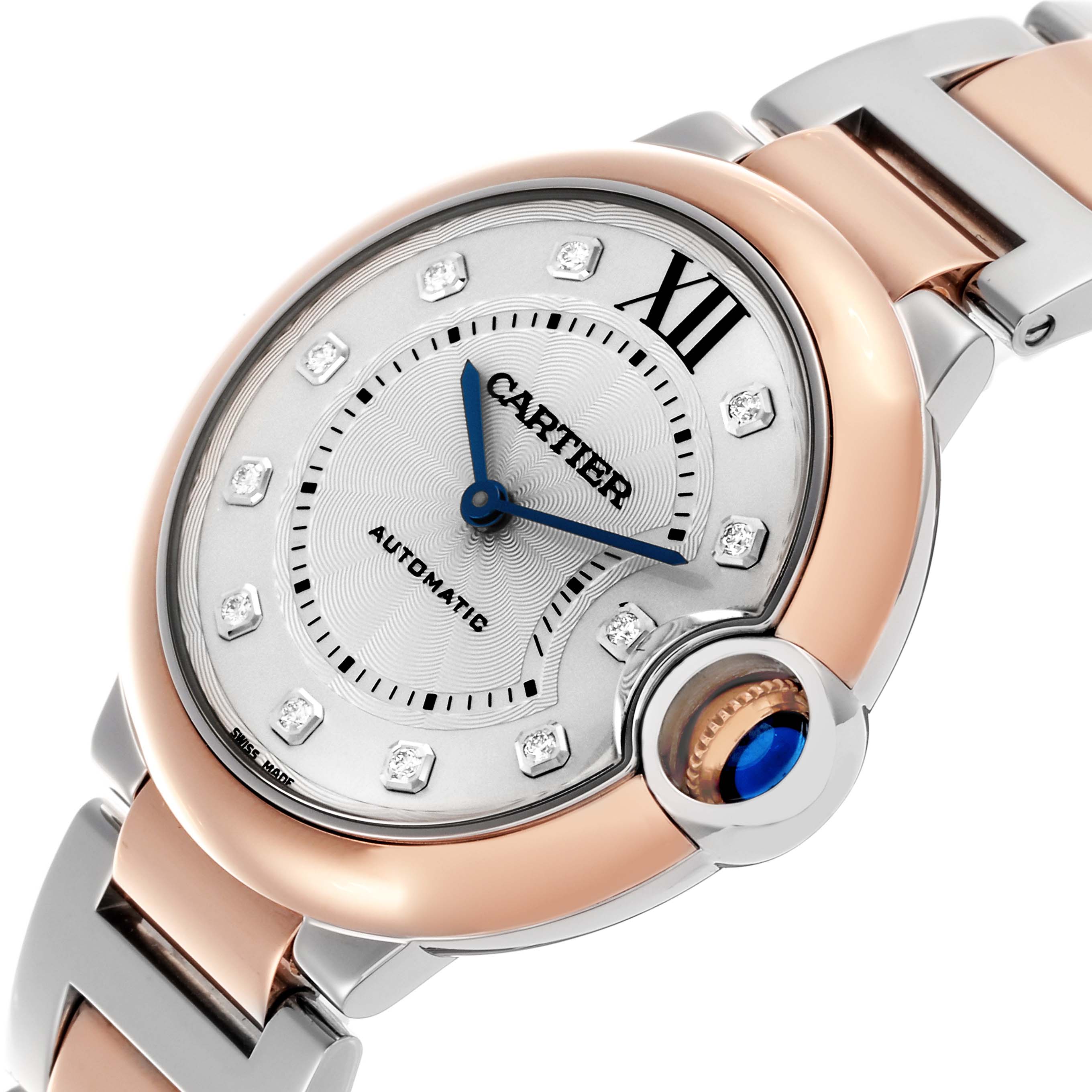 The Cartier Ballon Bleu W3BB0013 Men
s Steel and Gold (two tone) Silver Dial W3BB0013 Men
s Steel and Gold (two tone) Silver Dial watch is shown from a tilted angle, highlighting the face, crown, and part of the bracelet.