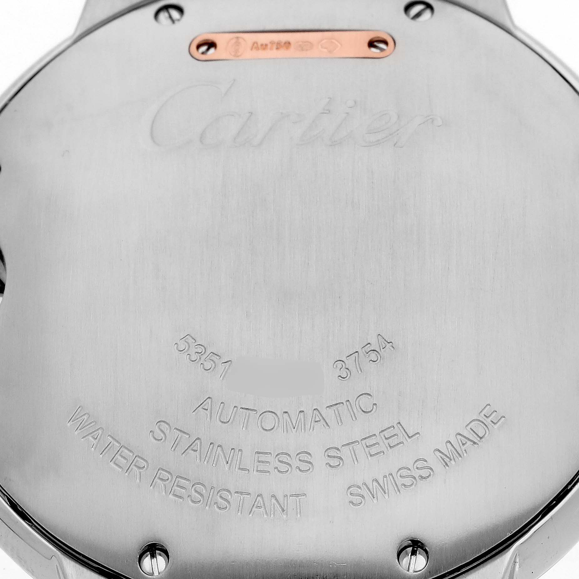 The image shows the back of a Cartier Ballon Bleu W3BB0013 Men
s Steel and Gold (two tone) Silver Dial W3BB0013 Men
s Steel and Gold (two tone) Silver Dial watch, highlighting its stainless steel and engraving details.