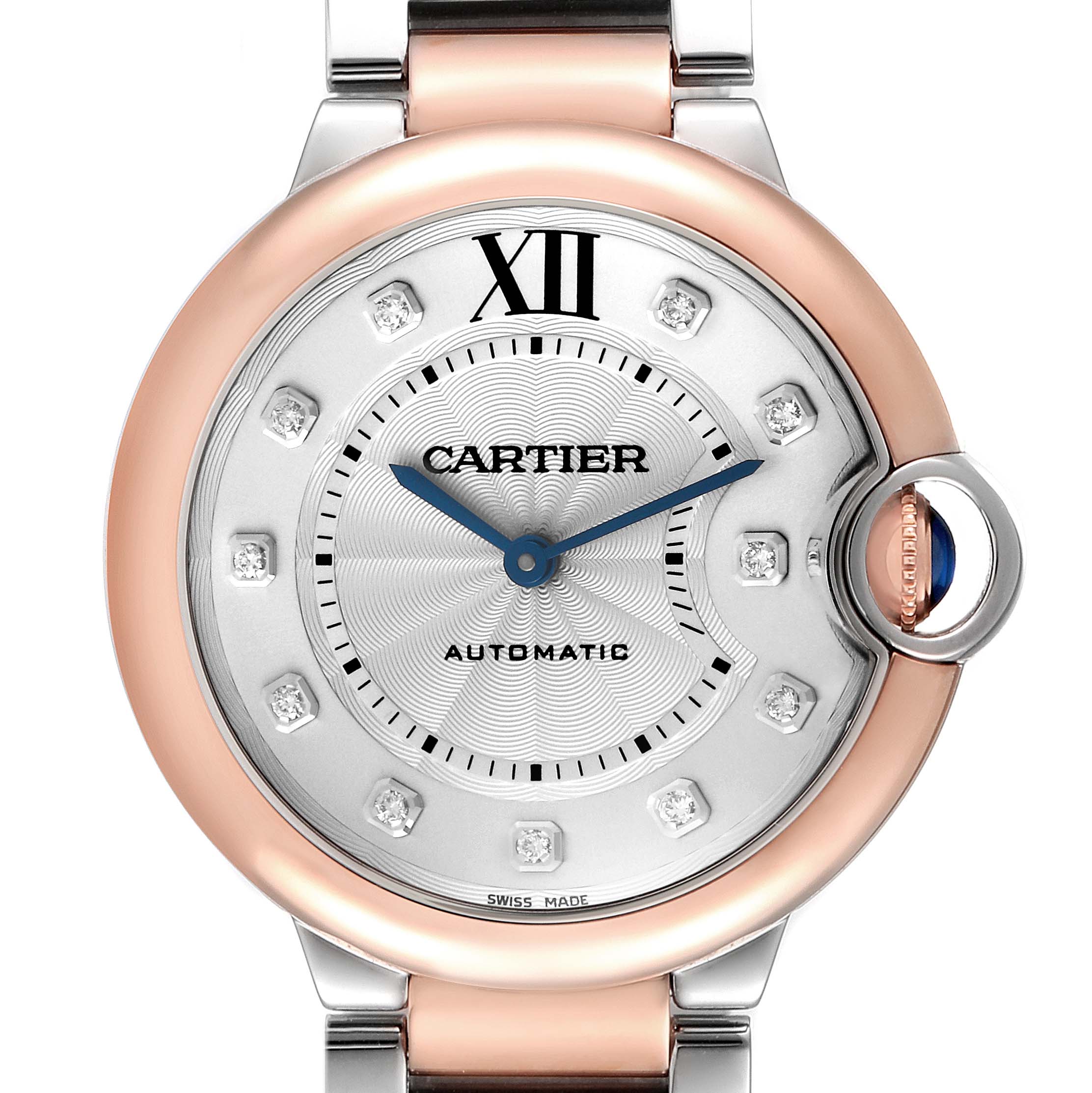 The Ballon Bleu de Cartier watch is shown face-on, highlighting the dial, hands, and crown.