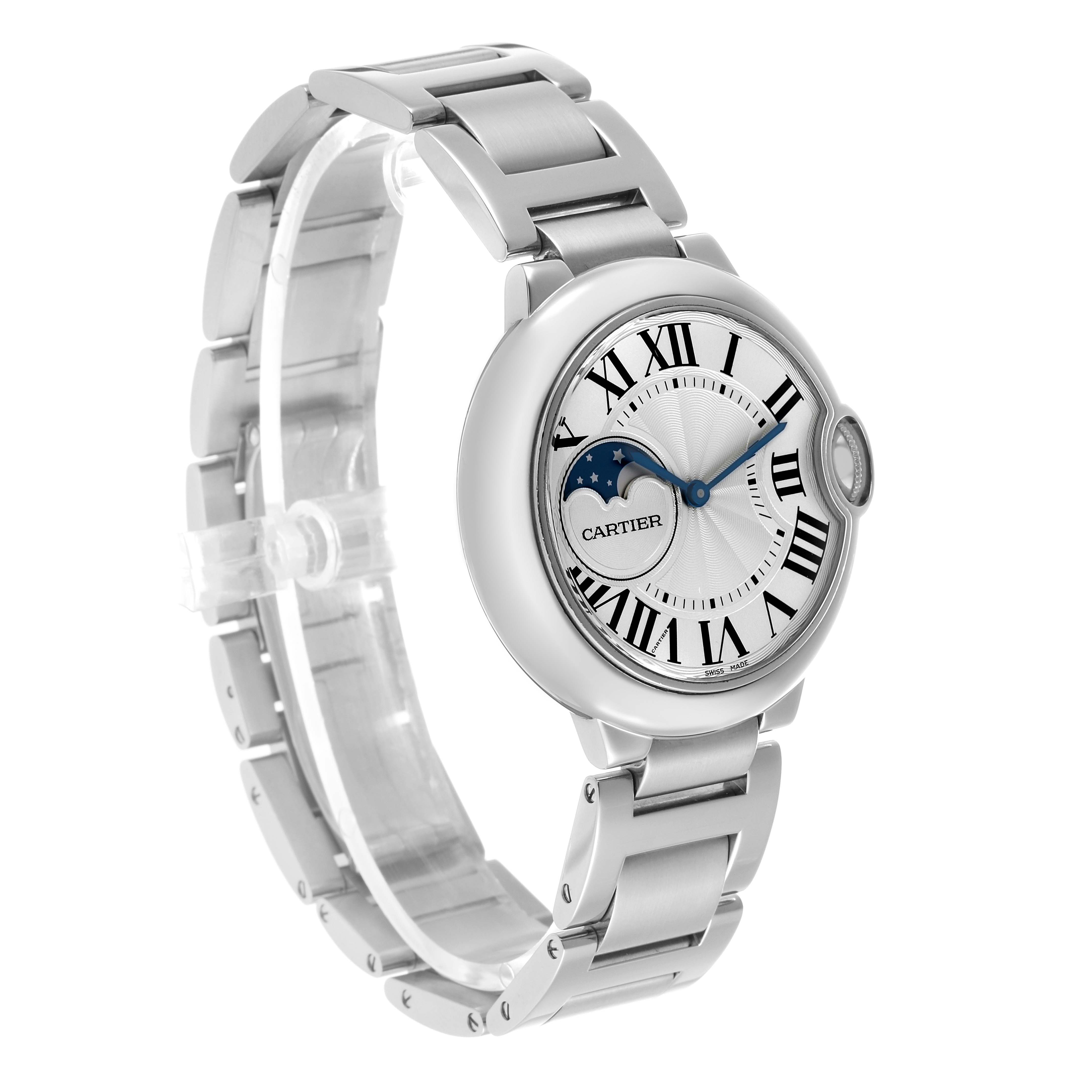 The Cartier Ballon Bleu WSBB0021 Men's Stainless Steel Silver Dial watch is shown at a three-quarter angle, highlighting the face, bracelet, and crown.