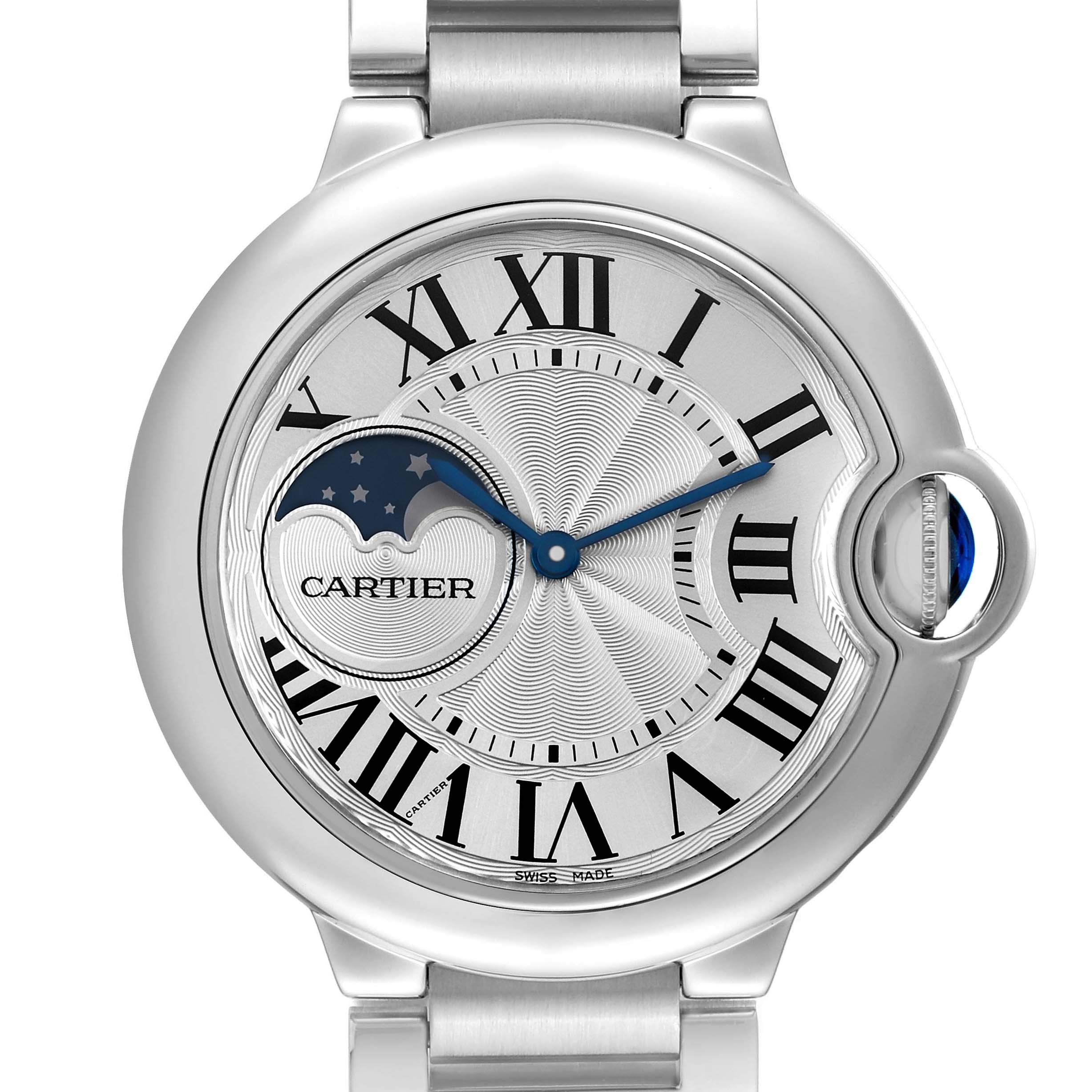 The Cartier Ballon Bleu WSBB0021 Men's Stainless Steel Silver Dial watch is shown from the front, highlighting the dial, Roman numerals, and moon phase feature.