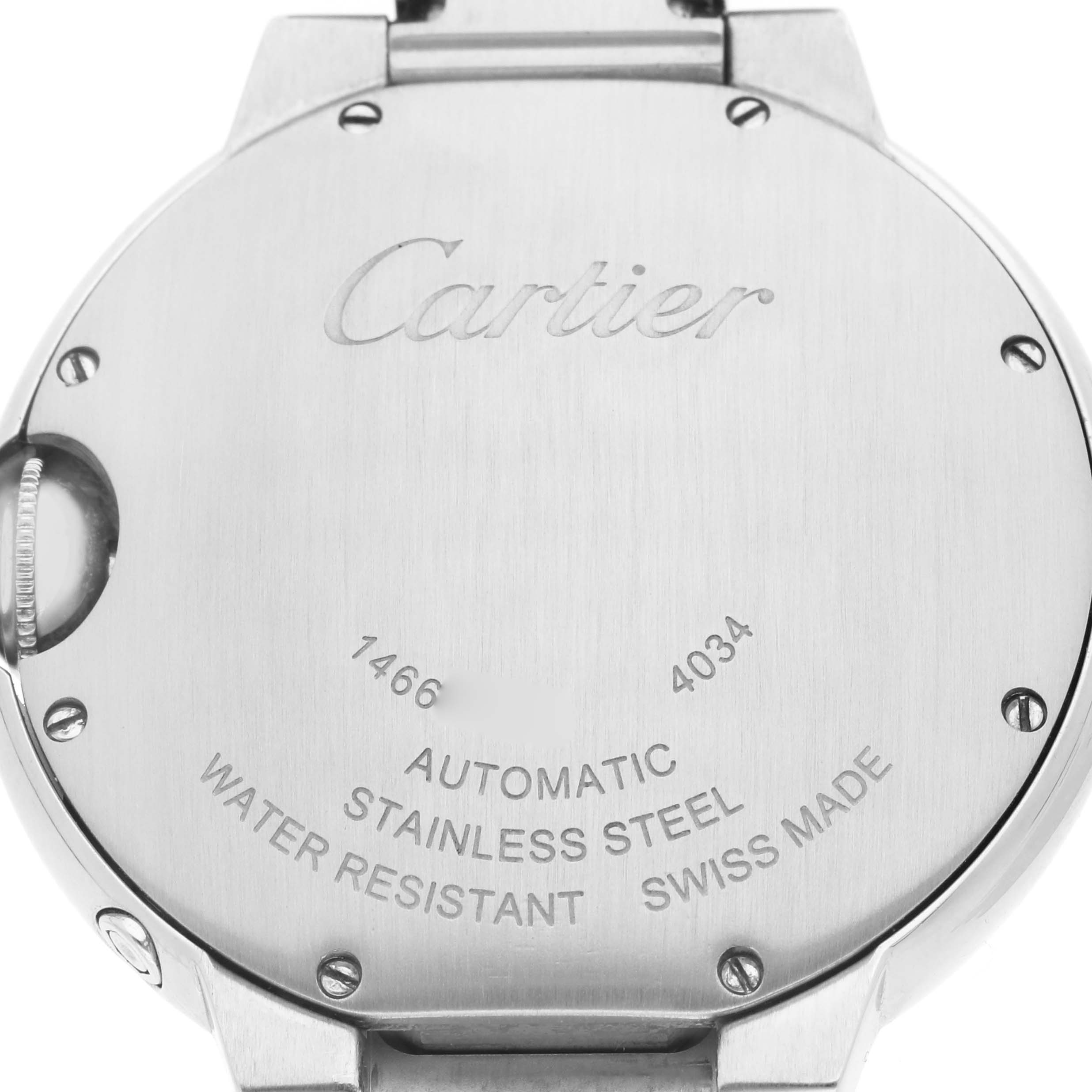 The image shows the back of a Cartier Ballon Bleu WSBB0021 Men's Stainless Steel Silver Dial watch, displaying engraved details and a metal bracelet link.