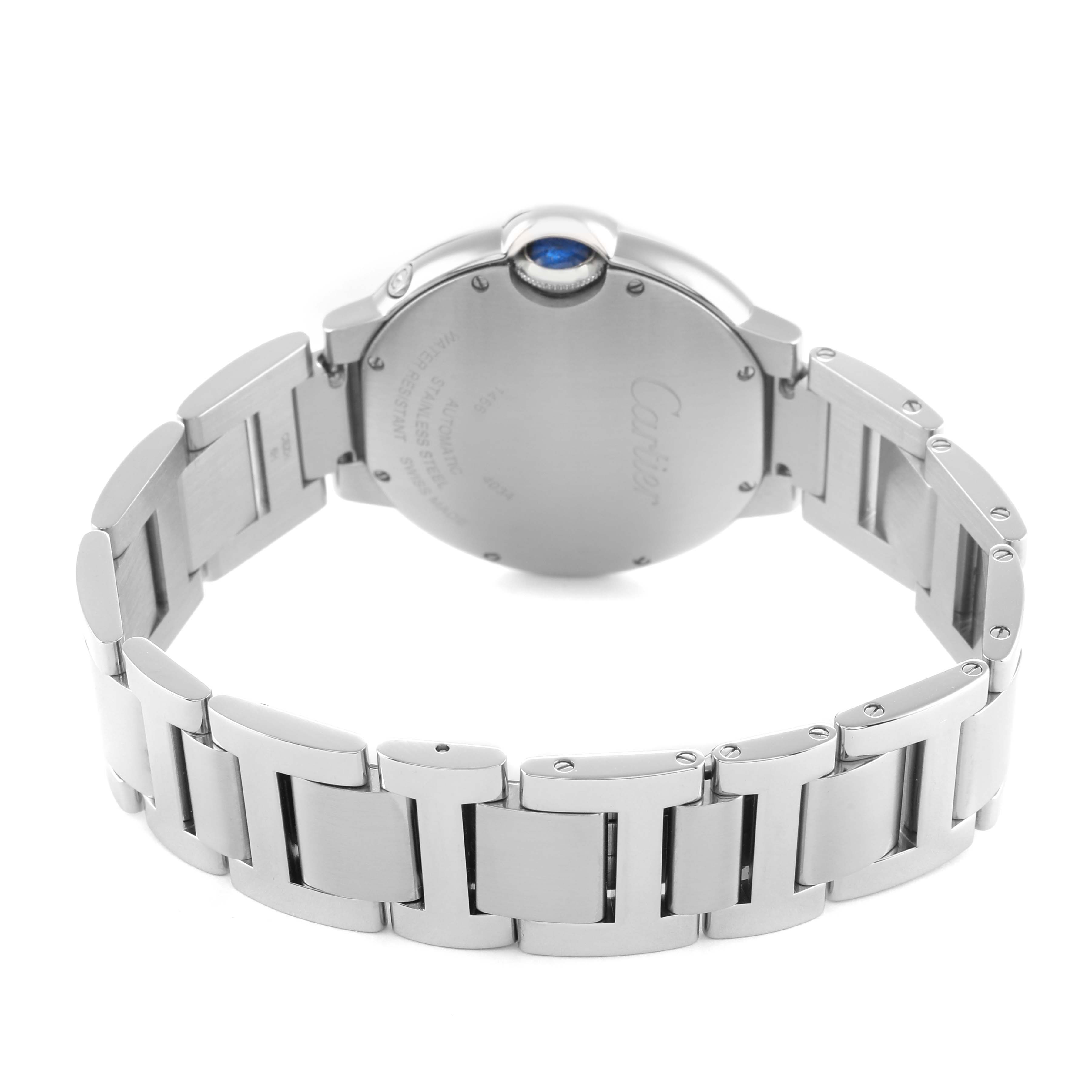 The image shows the back and bracelet of a Cartier Ballon Bleu WSBB0021 Men's Stainless Steel Silver Dial watch, highlighting the caseback and metal links.