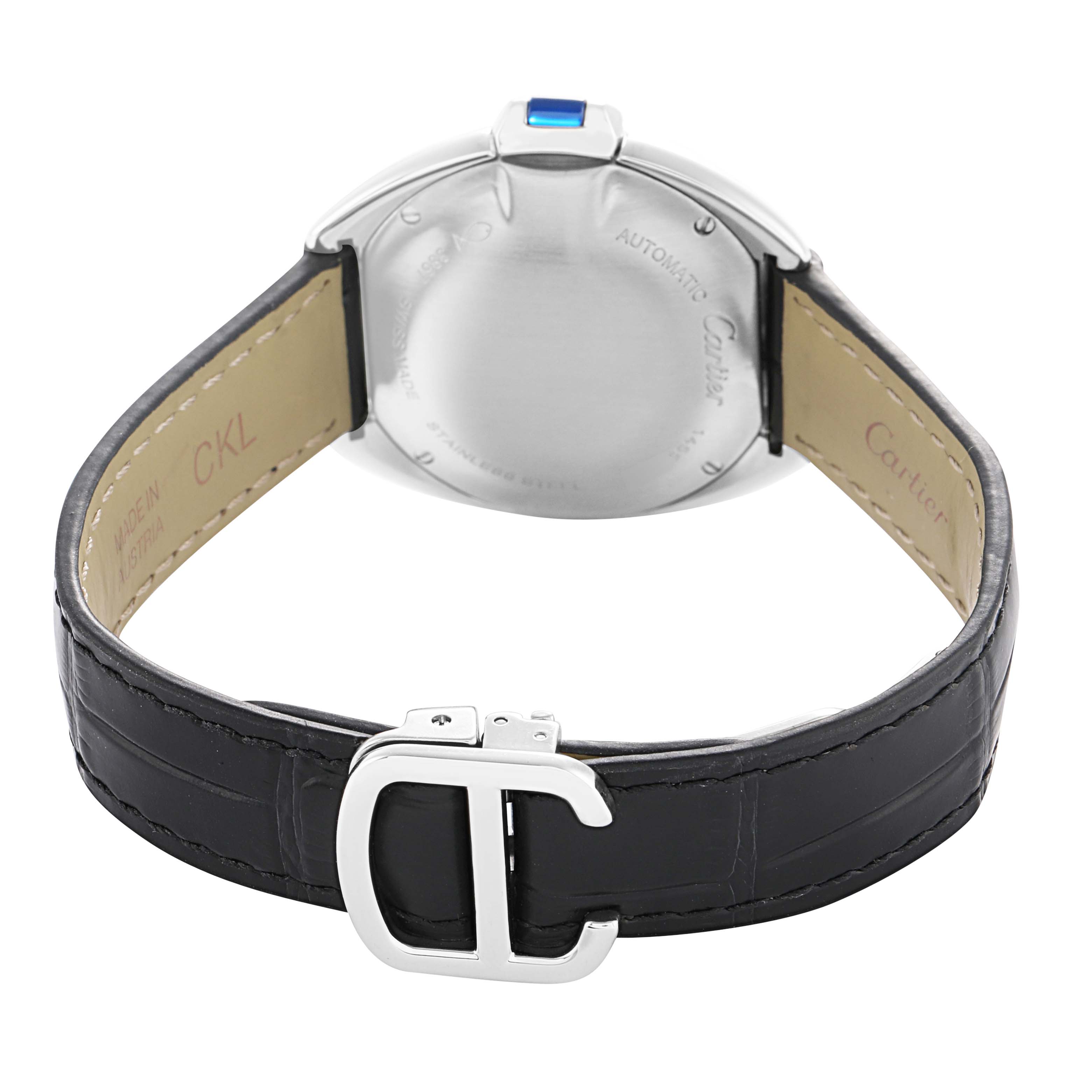 The image shows the back view of a Cartier Clé watch, highlighting the case back, strap, and buckle.