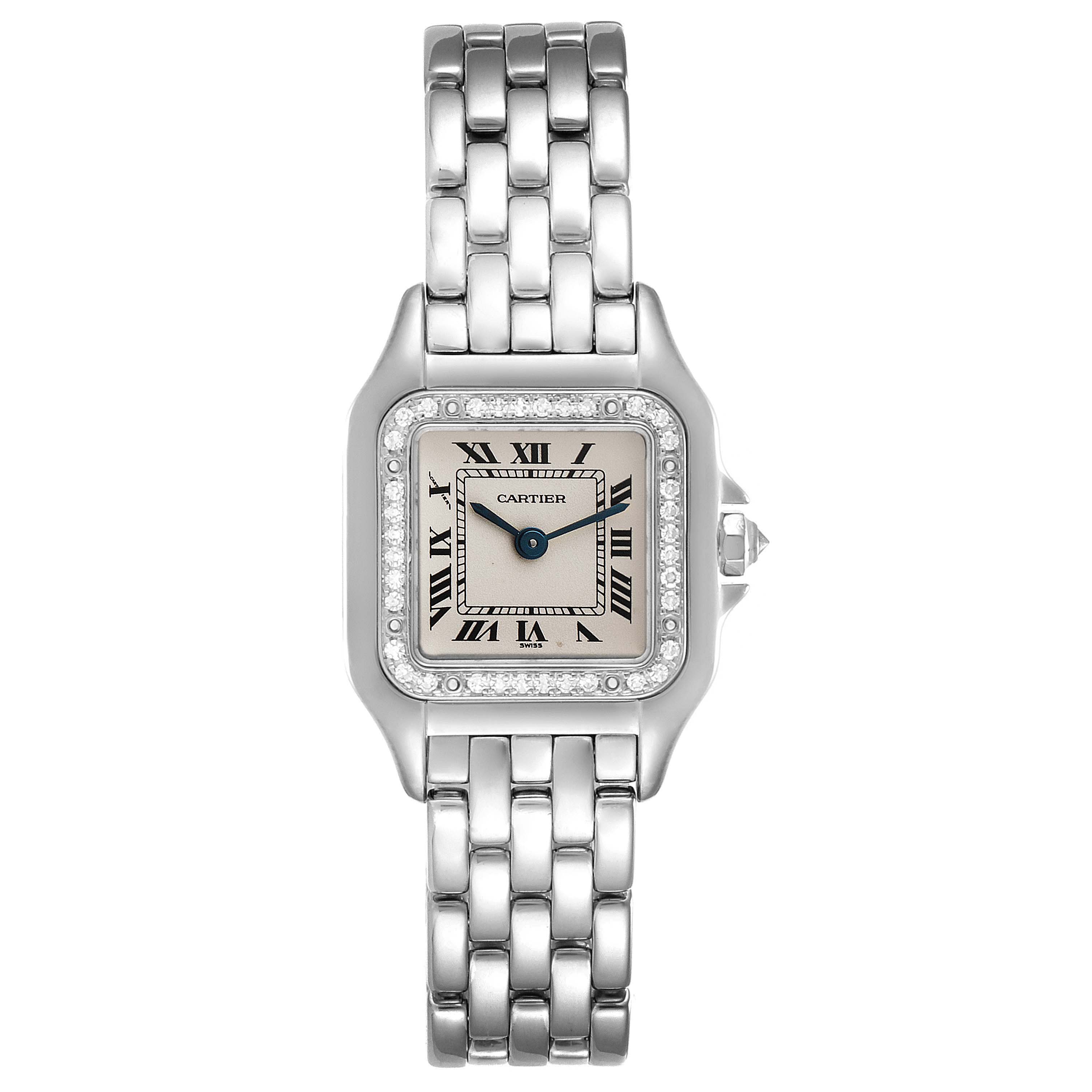The image shows a front view of a Cartier Panthere WF3091F3 Women's White Gold Silver Dial WF3091F3 Women's White Gold Silver Dial watch, highlighting its face, bezel, and metal bracelet.