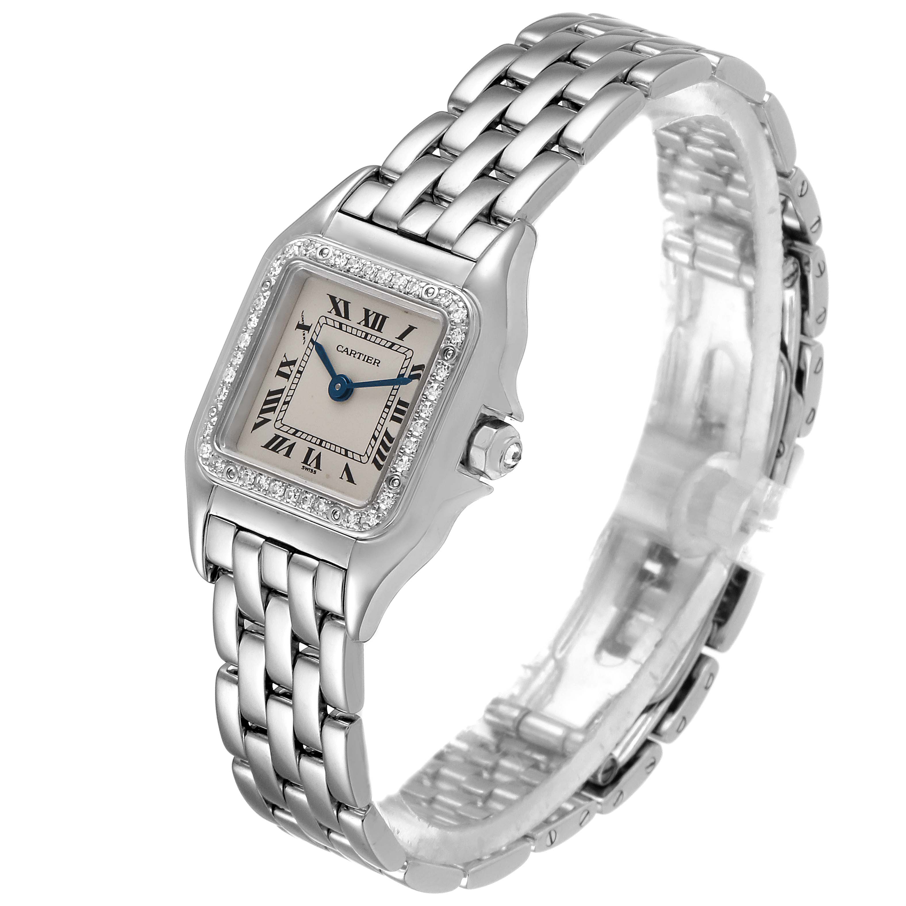 The image shows a Cartier Panthere WF3091F3 Women's White Gold Silver Dial WF3091F3 Women's White Gold Silver Dial model watch at a three-quarter angle, displaying the face, bracelet, and side crown.