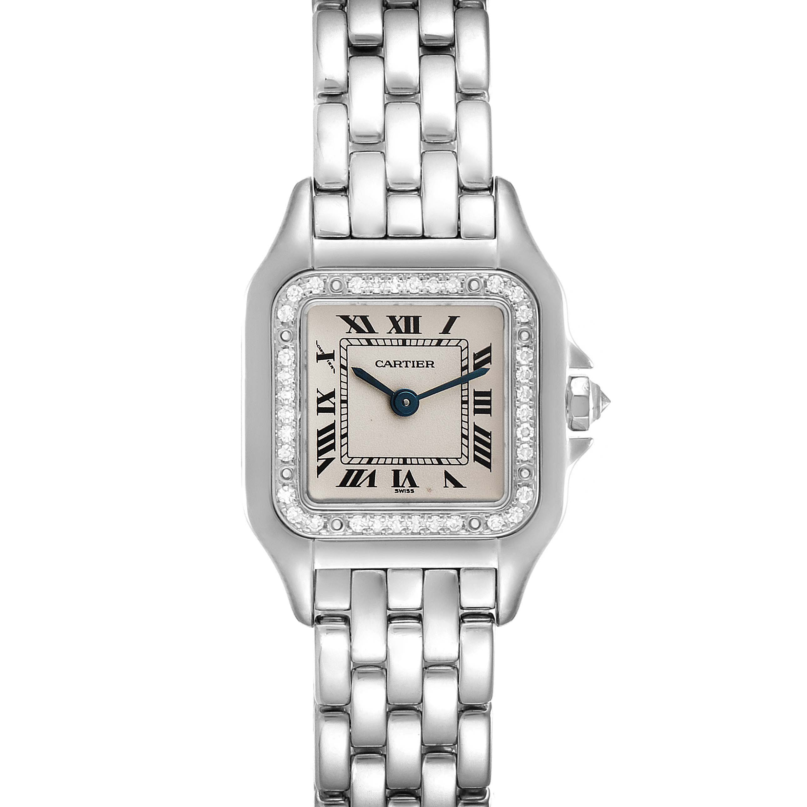 The image shows the face and bracelet of a Cartier Panthere WF3091F3 Women's White Gold Silver Dial WF3091F3 Women's White Gold Silver Dial watch from a top-down angle.
