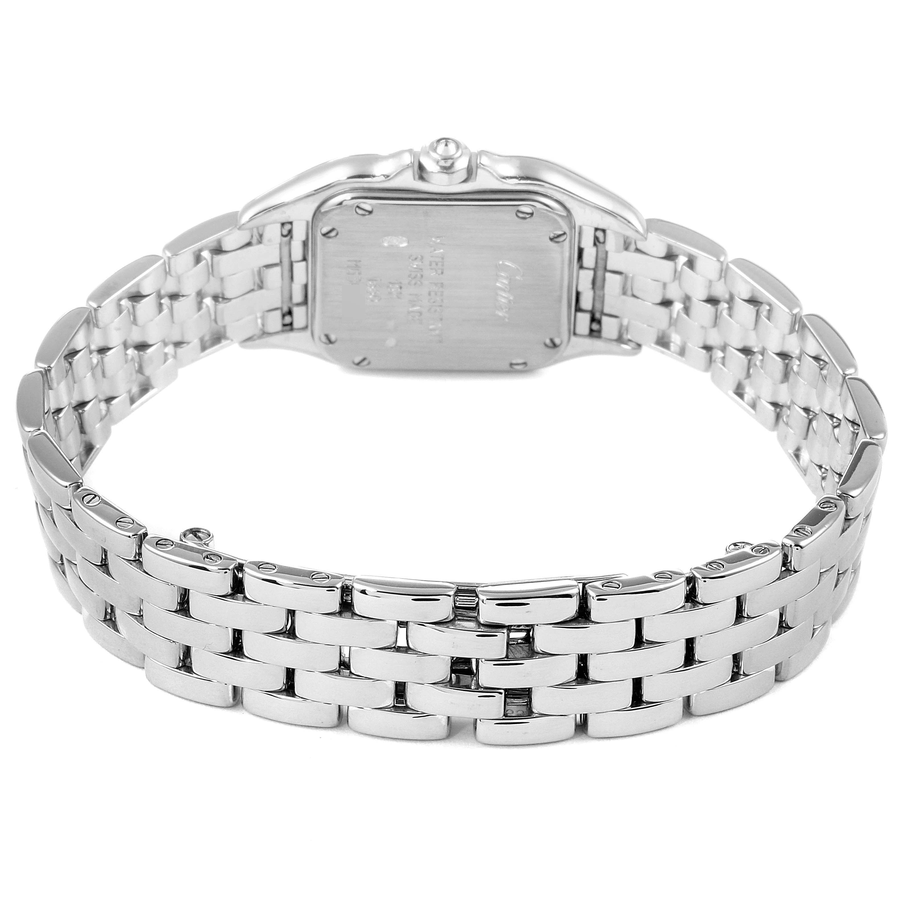 This image shows the back view of the Cartier Panthere WF3091F3 Women's White Gold Silver Dial WF3091F3 Women's White Gold Silver Dial watch, displaying its case back and metal bracelet.