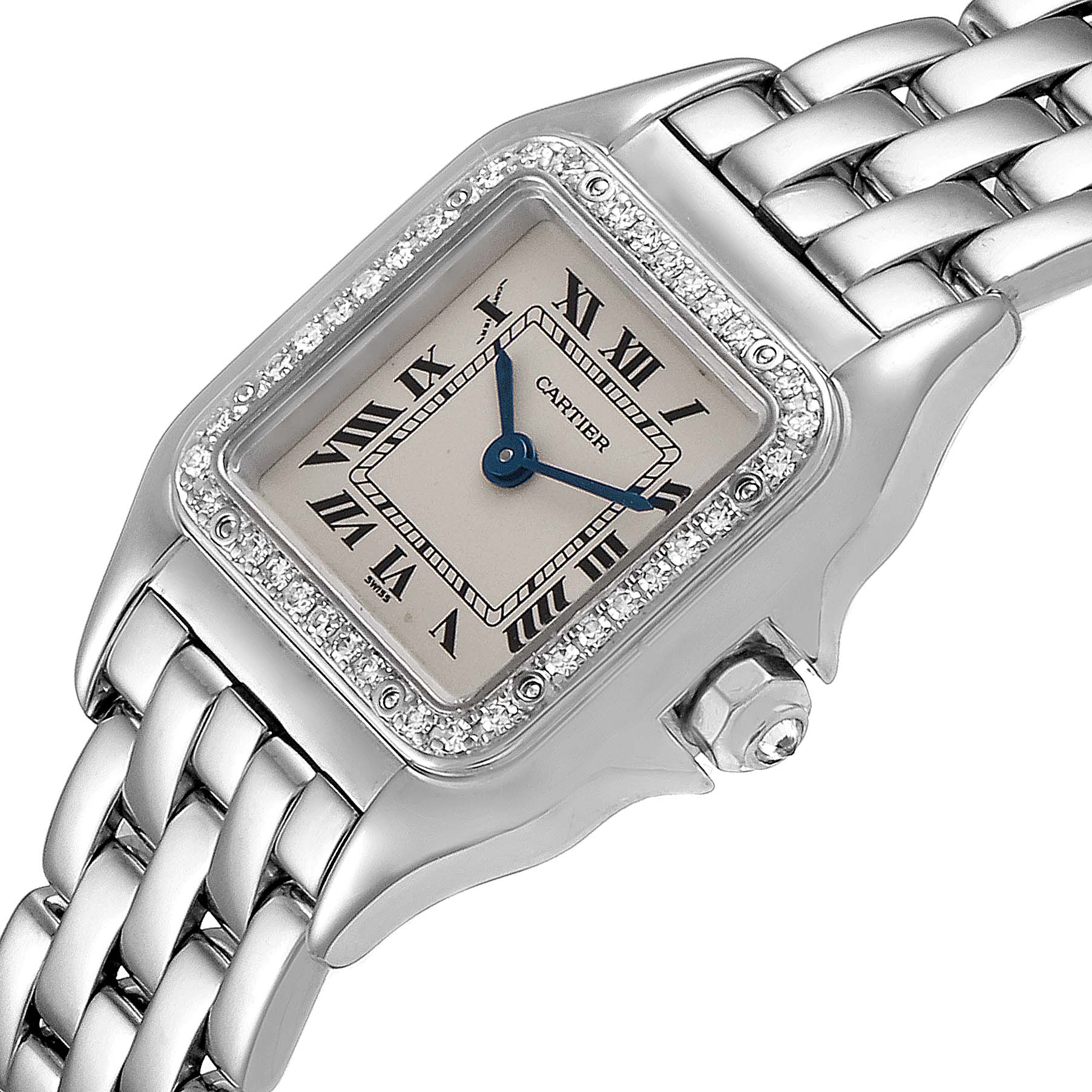 The image shows a close-up view of a Cartier Panthere WF3091F3 Women's White Gold Silver Dial WF3091F3 Women's White Gold Silver Dial watch, highlighting the face, bezel, and part of the bracelet.