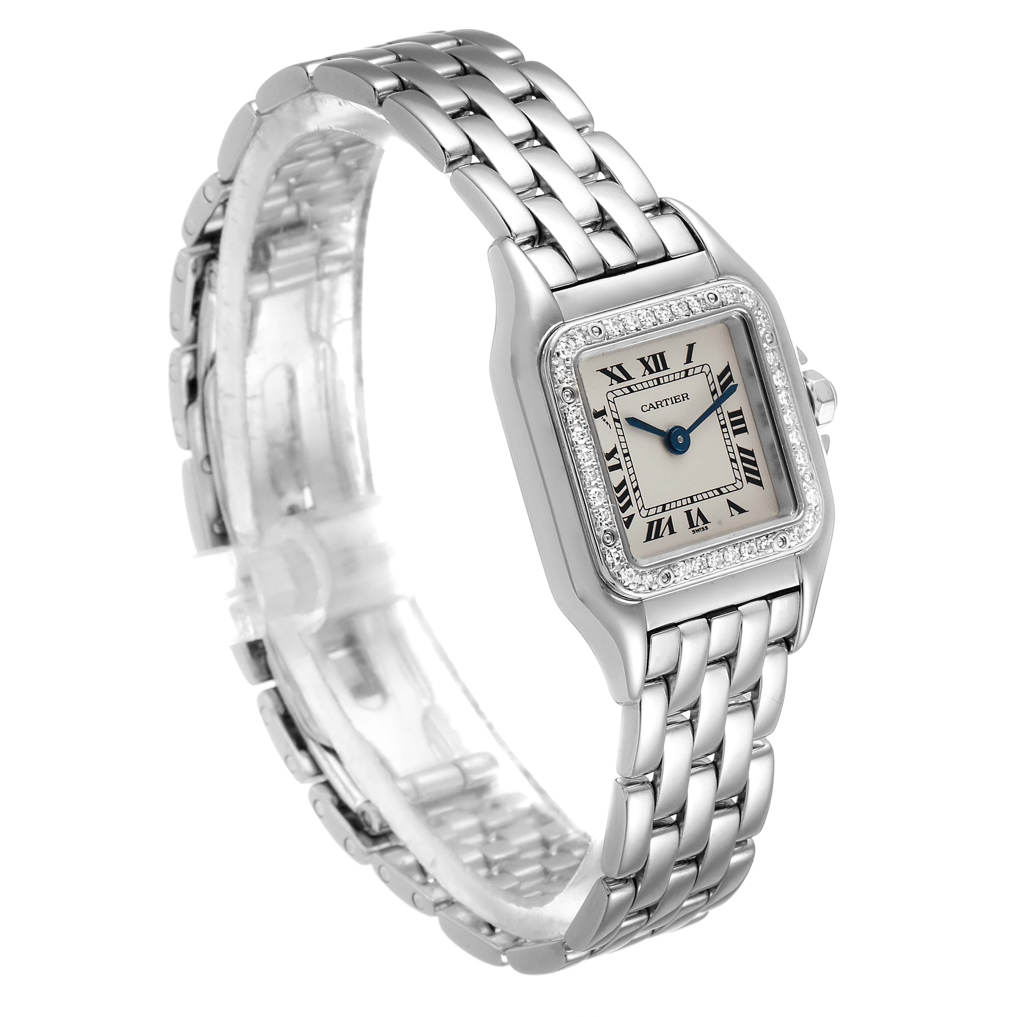 The image shows a three-quarter view of a Panthere model watch by Cartier, highlighting the bracelet and face with Roman numerals.