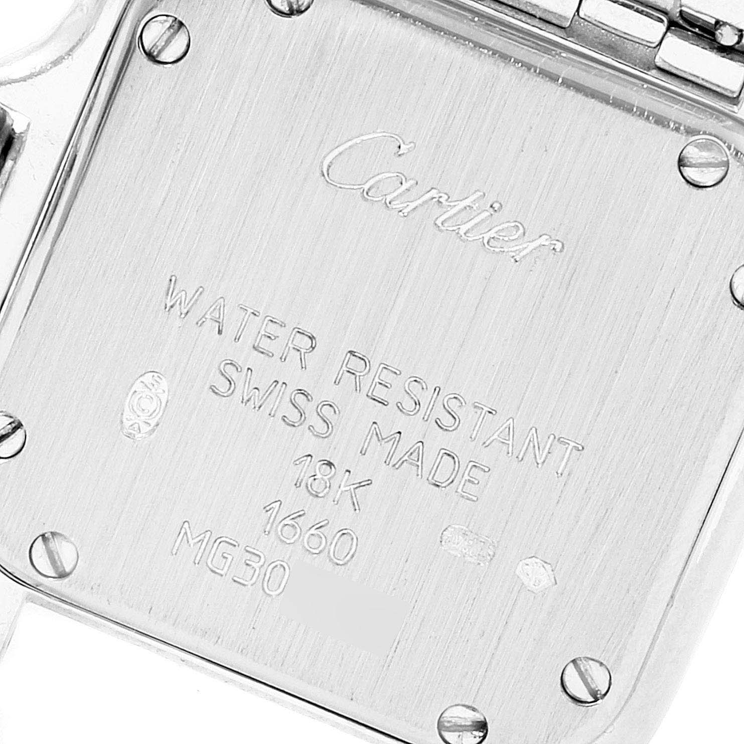 This image shows the back case of a Cartier Panthere WF3091F3 Women's White Gold Silver Dial WF3091F3 Women's White Gold Silver Dial watch, highlighting its engraved markings and screws.