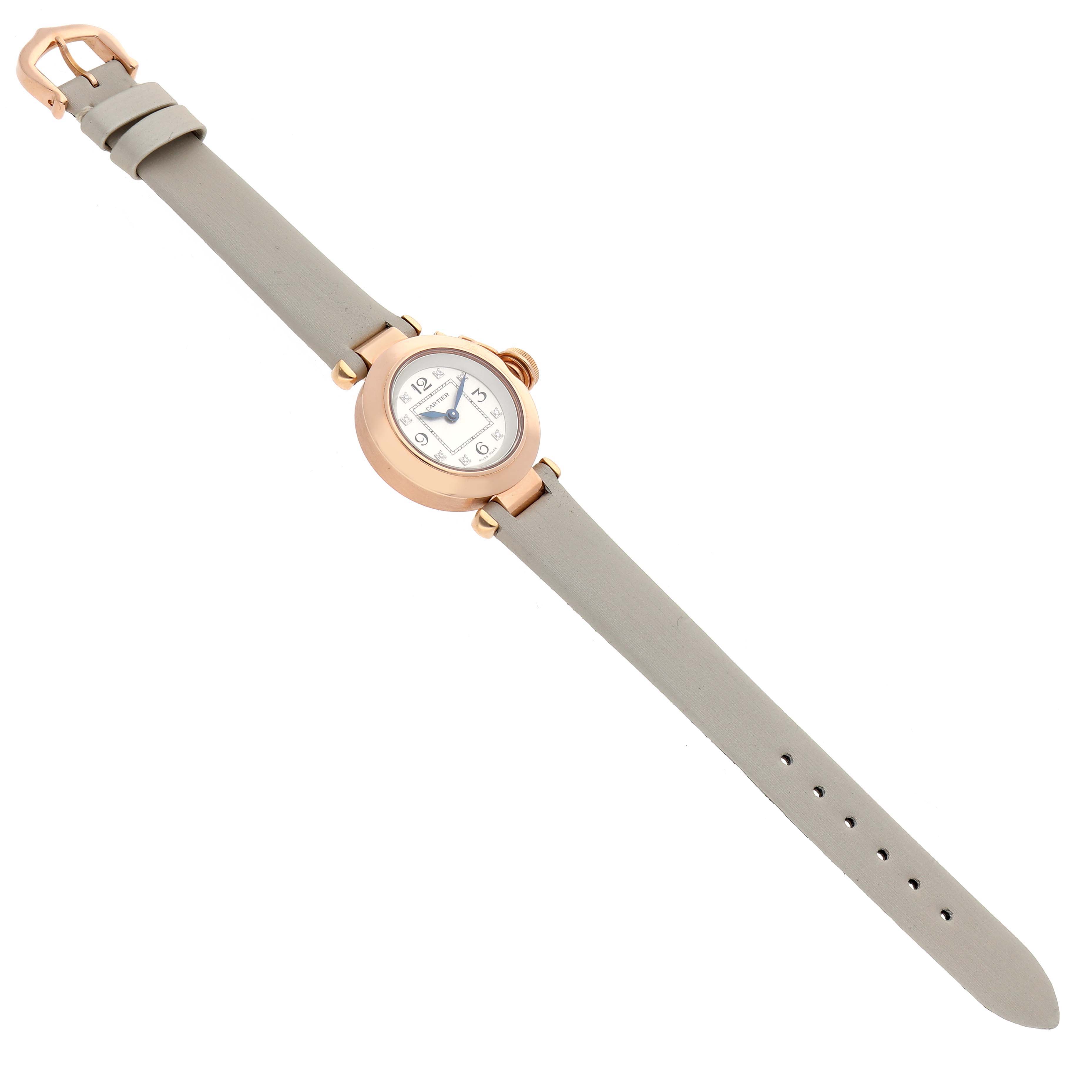 The Cartier Pasha WJ124028 Women's Rose Gold Silver Dial watch is shown in a diagonal top-down view, displaying the entire watch with its face, strap, and buckle.