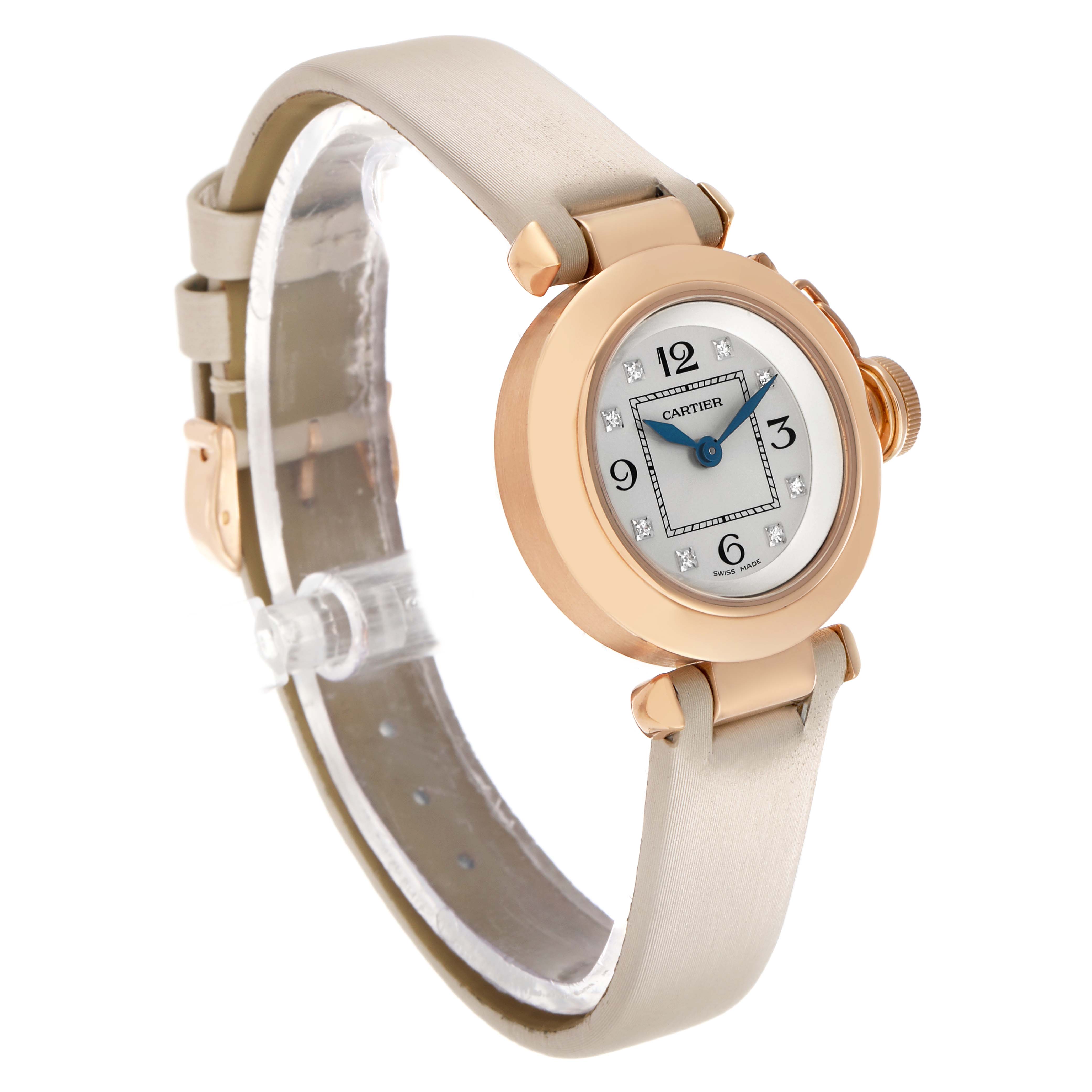 The Cartier Pasha WJ124028 Women's Rose Gold Silver Dial watch is shown from a three-quarter angle, highlighting its rose gold case, dial, crown, and leather strap.