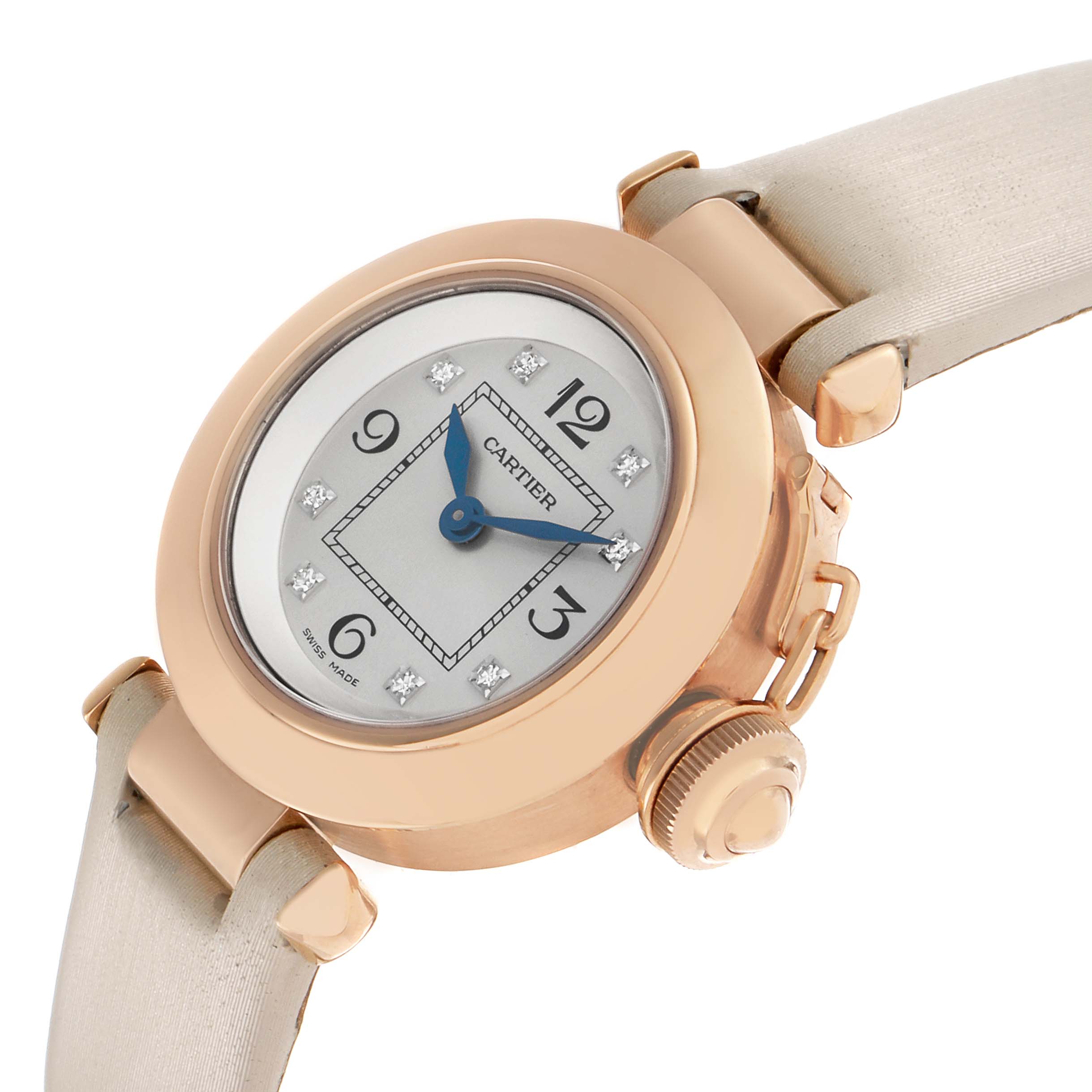 The Cartier Pasha WJ124028 Women's Rose Gold Silver Dial watch is shown at an angled view, highlighting the round face, crown, and part of the bracelet.