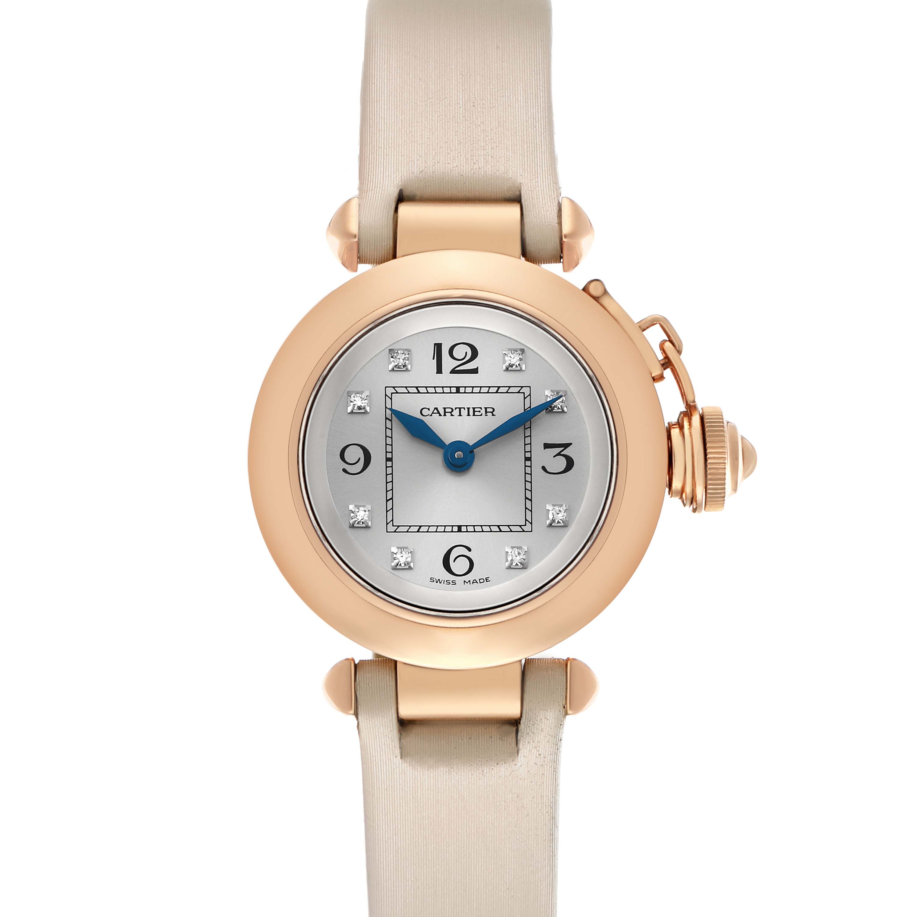 The Cartier Pasha WJ124028 Women's Rose Gold Silver Dial watch is shown from a front angle, highlighting the round face, numerals, and crown detail with a beige strap.