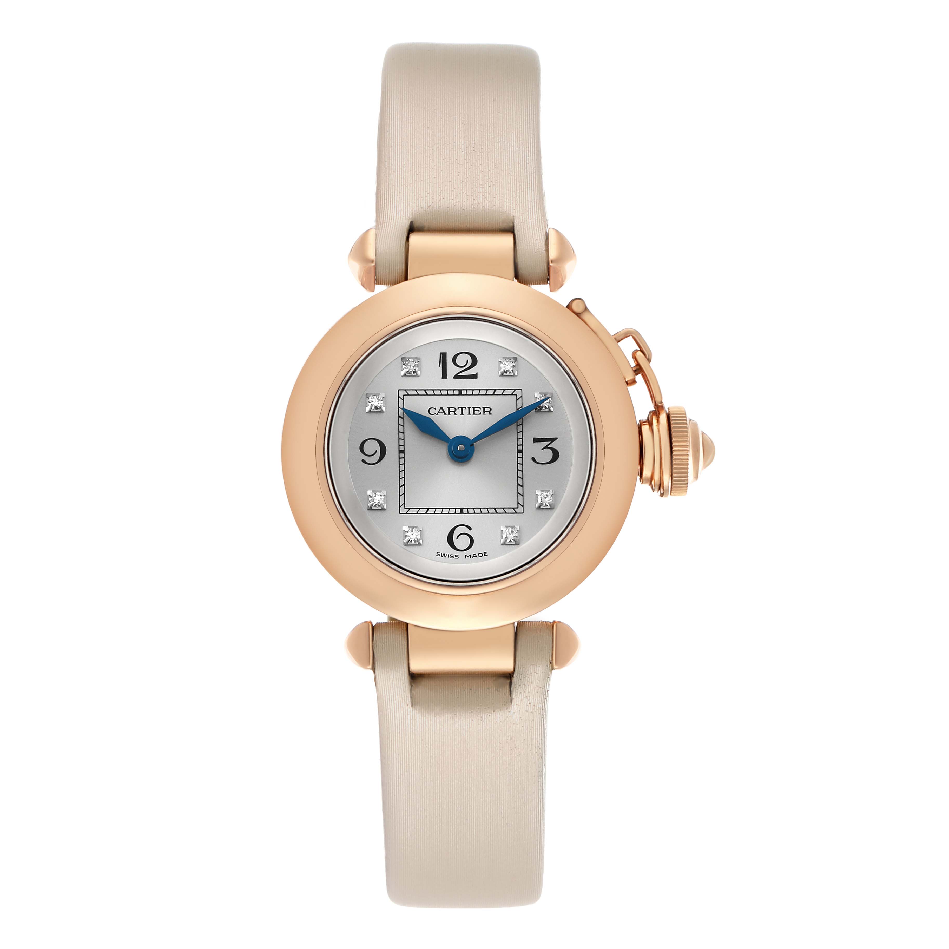 The Cartier Pasha WJ124028 Women's Rose Gold Silver Dial watch is shown from a front angle, displaying the face, crown, and beige strap.